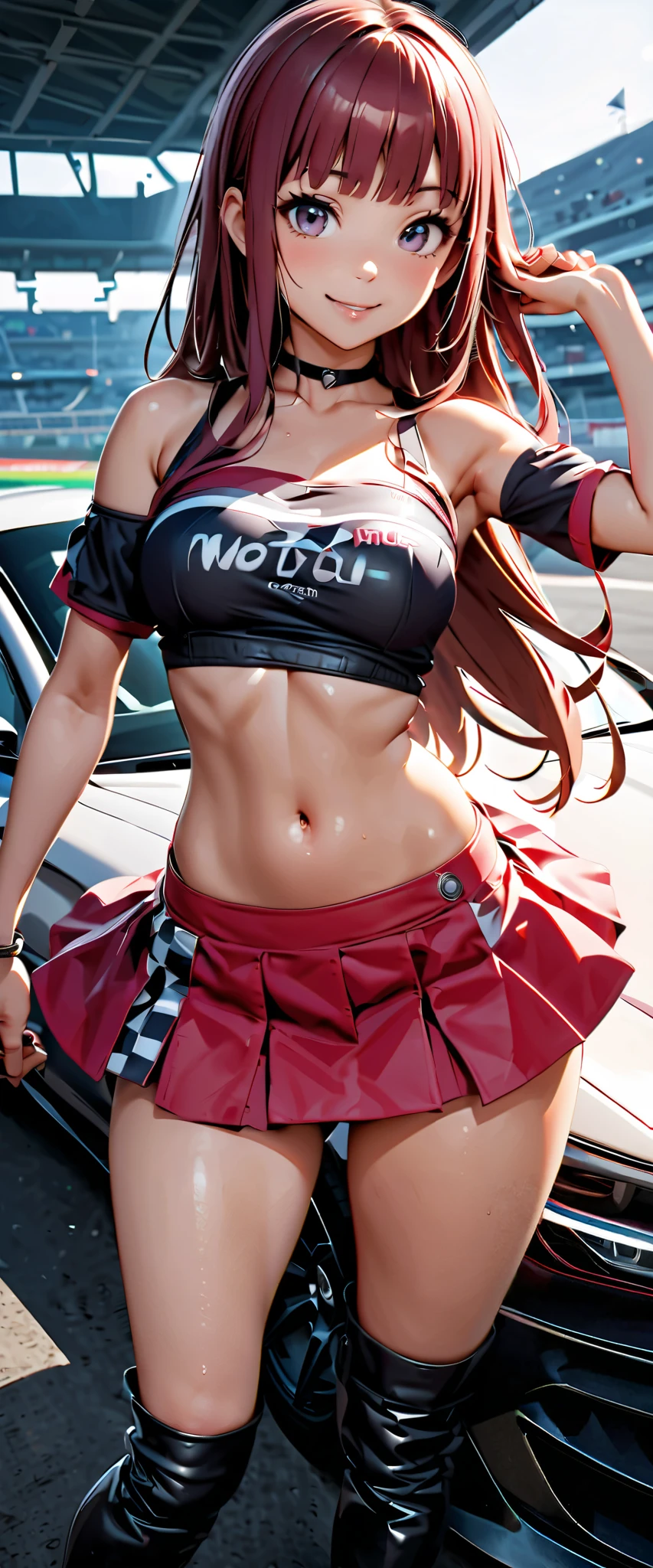  top quality,  ultra high resolution,  One person,   small breasts,  Black Choker, smile,  exposes shoulders,  focus only ,  Watch Viewers,Fair skin,Car racing track, photon mapping to viewers,  physics-based rendering ,  RAW photos ,  Highly Detailed Background, K-pop Idol , depth of field, hair ornament, detailed face,輝く肌, game cg,whole body,  shiny micro mini skirt ,shiny micro tube top,shiny knee-high long boots, Race Queen,Big Breasts, cute pose , sports car,Hold a short-sleeved jacket in your hand,Gloss Lip