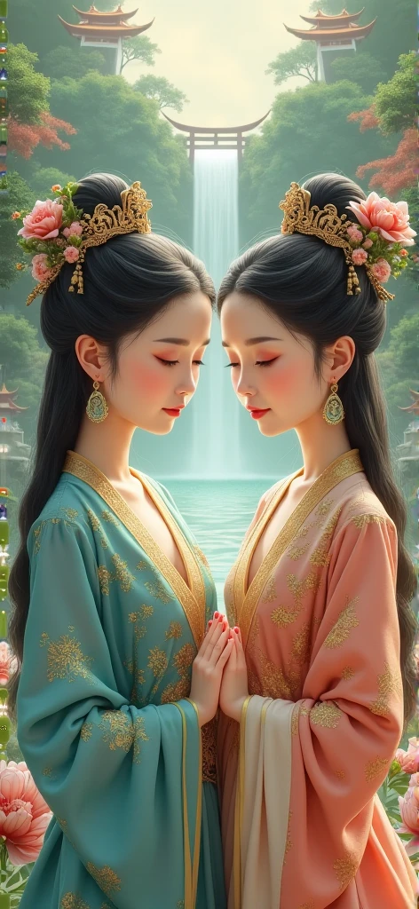Liu Yifei,Large bust,exposed,Change faces,Artistic style,High saturation,Strong contrast,Vibrant colors,Soft lighting,mediating:Oil painting,Detailed brush strokes,Ultra-realistic,Fantasy elements,Magical atmosphere,surreal scenery,Lush garden scene，flowers blooming，Flowing water,Ethereal beauty,feminine charm,captivatinggaze,Long flowing hair,Graceful posture,Palatial costumes,Subtle makeup,Sublime portrait,2girls,Perfect harmony,Impeccable ingredients,professional master piece,Best quality,Ultra-detailed,A high resolution,Photorealistic:1.37.