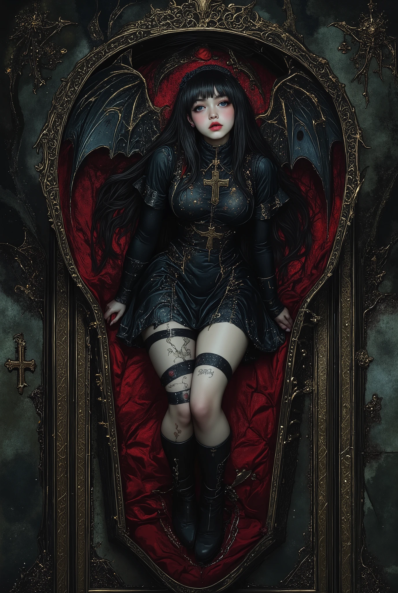 ((lying coffin,bards eye view,fullbody,leg forcus:1.5)),fashion photography portrait of 1girl, award winning photograph, photorealistic,beautiful detailed eyes,realistic skin,Highest Image Quality,best quality ,Ultra-high definition,detailed face, beautiful face ,melancholic,tattoo ,(curtain,blood splatter), sexy,angel,cross earning ,Thick black lips,depression,woman,black hair,red cheeks,black gothic lips,long straight hair ,Bob,hime cut, long hair, mole, ((black wings:1.3)), mole under mouth,((bandaged arm,bandaged leg,bandage clothes)),FacePiercing, long hair, blindfold,, chain, collar, angel wings, bondage outfit,beautiful legs,exquisite digital illustration,dark fantasy,style of Aberdeen Bestiary