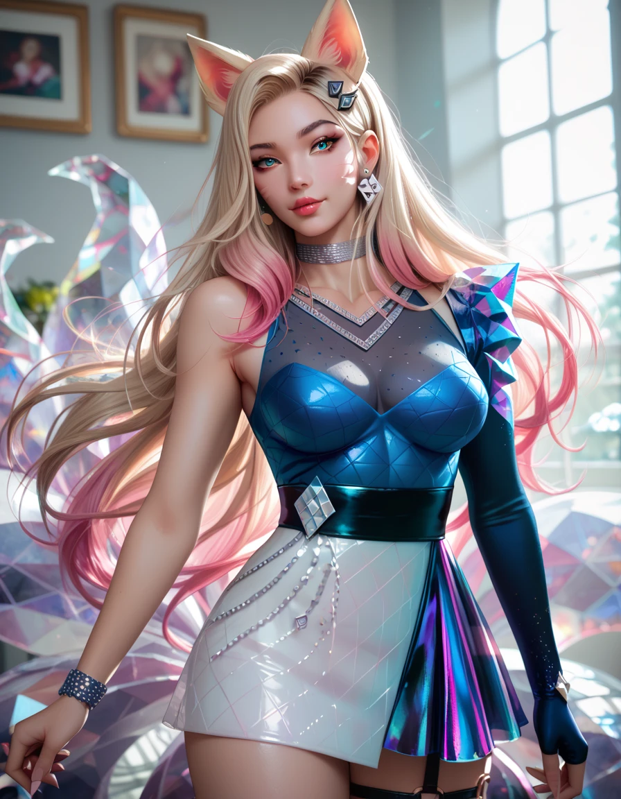 (field, grass, sky:1.5), high detailed, 8k, highres, (k/da all out ahri), ahri \(league of legends\), league of legends, 1girl, k/da (league of legends), animal ears, solo, fox ears, long hair, blonde hair, hand on hip, blue eyes, idol, facial mark, looking at viewer, gloves, pink hair, fingerless gloves, whisker markings, breasts, makeup, lips, skirt, hair ornament