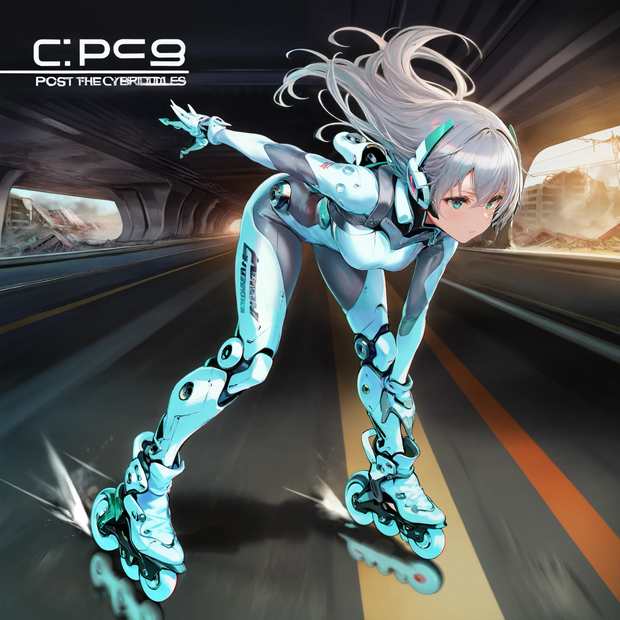 score_9, score_8_up, score_7_up, (afukuro, CyberpunkDetails), (1girl, solo), grey long hair, white cyber suit, (mechanical boots, inline skates, roller skates), (leaning forward, dynamic pose, speed skating), (post apocalypse, in the highway)