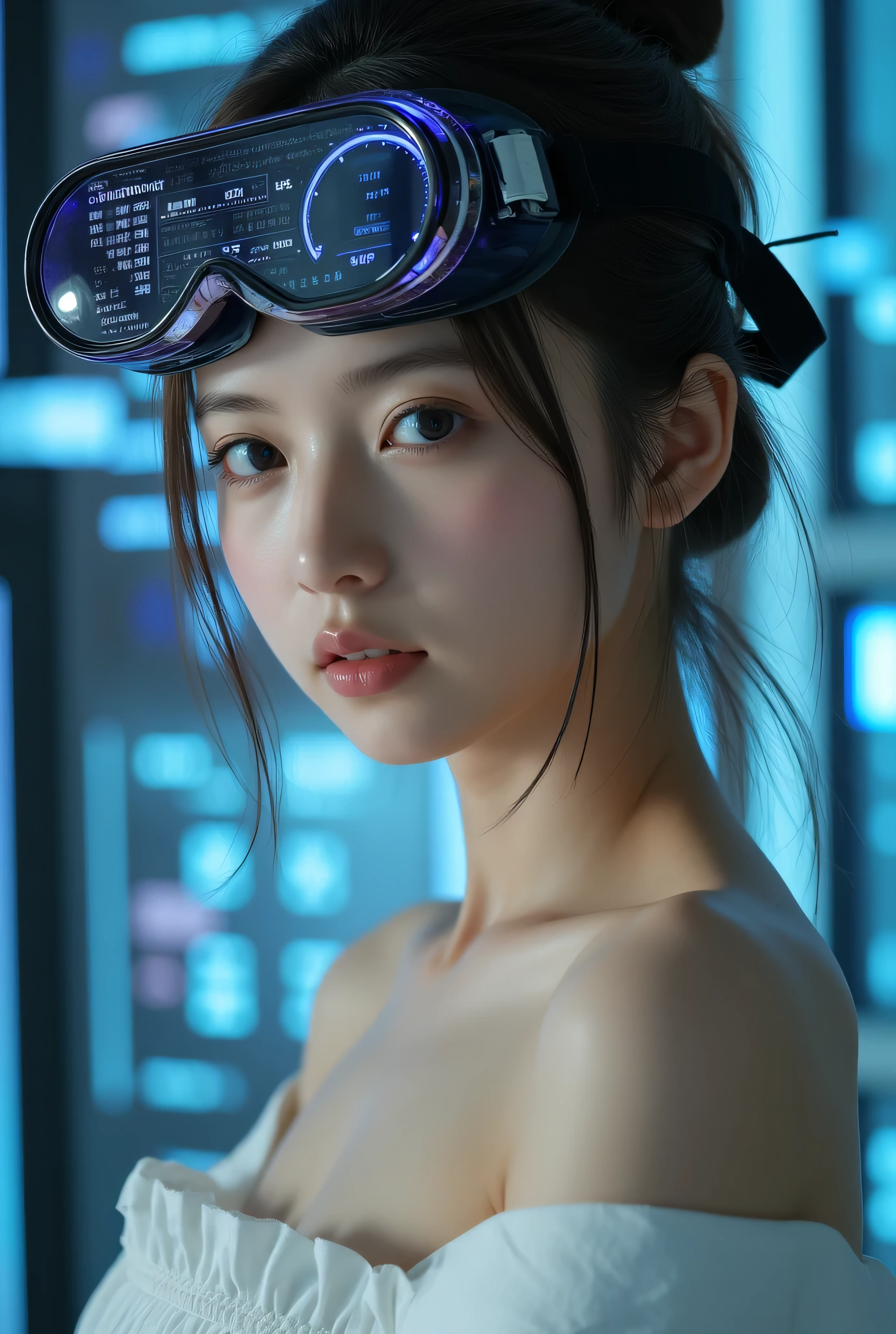 (Masterpiece:1.2, excellent quality, Mirror Finish ,Movie experience),8k, wallpaper, ray tracing,(woman), トップレスのwoman、-faced Japanese , medium sized young and beautiful bust , Can you see hard, pointed, and upturned nipples, wear traditional Japanese kimonos without feeling uncomfortable with completely naked skin, Off-shoulder kimono with open front , data displayed on goggles without any sense of incongruity on the face, Japanese with detailed display of goggles , detailed face, beautiful skin, Beautiful silver hair, Server crash , lots of data written on the skin , The background is a wall of data, glossy lips, Pictures of fully naked upper body, nude,