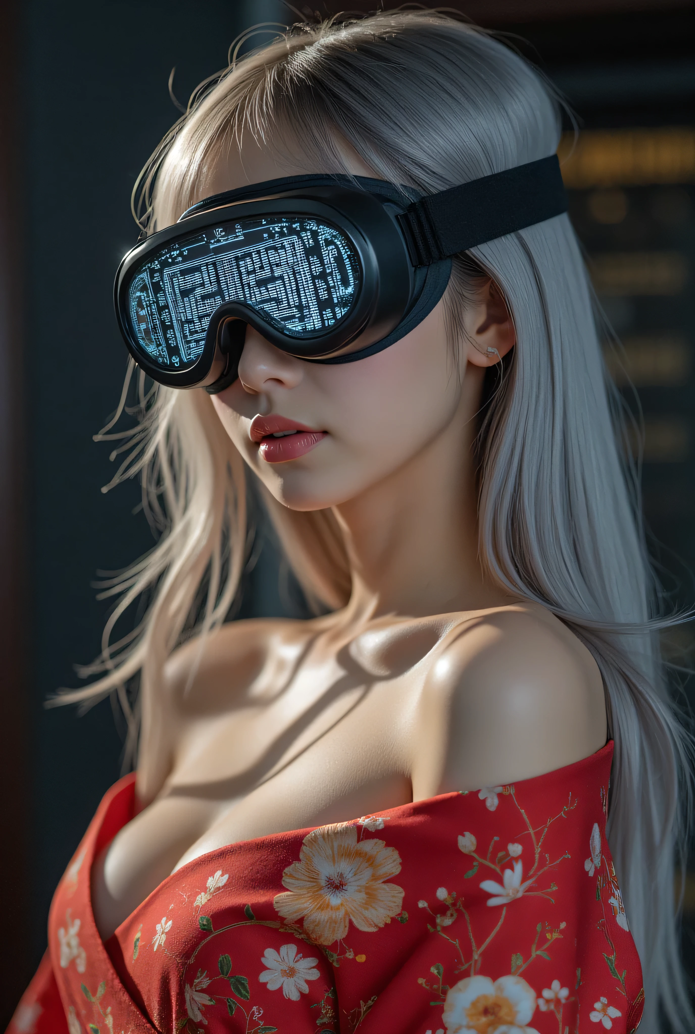 (Masterpiece:1.2, excellent quality, Mirror Finish ,Movie experience),8k, wallpaper, ray tracing,(woman), トップレスのwoman、-faced Japanese , medium sized young and beautiful bust , Can you see hard, pointed, and upturned nipples, wear traditional Japanese kimonos without feeling uncomfortable with completely naked skin, Off-shoulder kimono with open front , data displayed on goggles without any sense of incongruity on the face, Japanese with detailed display of goggles , detailed face, beautiful skin, Beautiful silver hair, Server crash , lots of data written on the skin , The background is a wall of data, glossy lips, Pictures of fully naked upper body, nude,