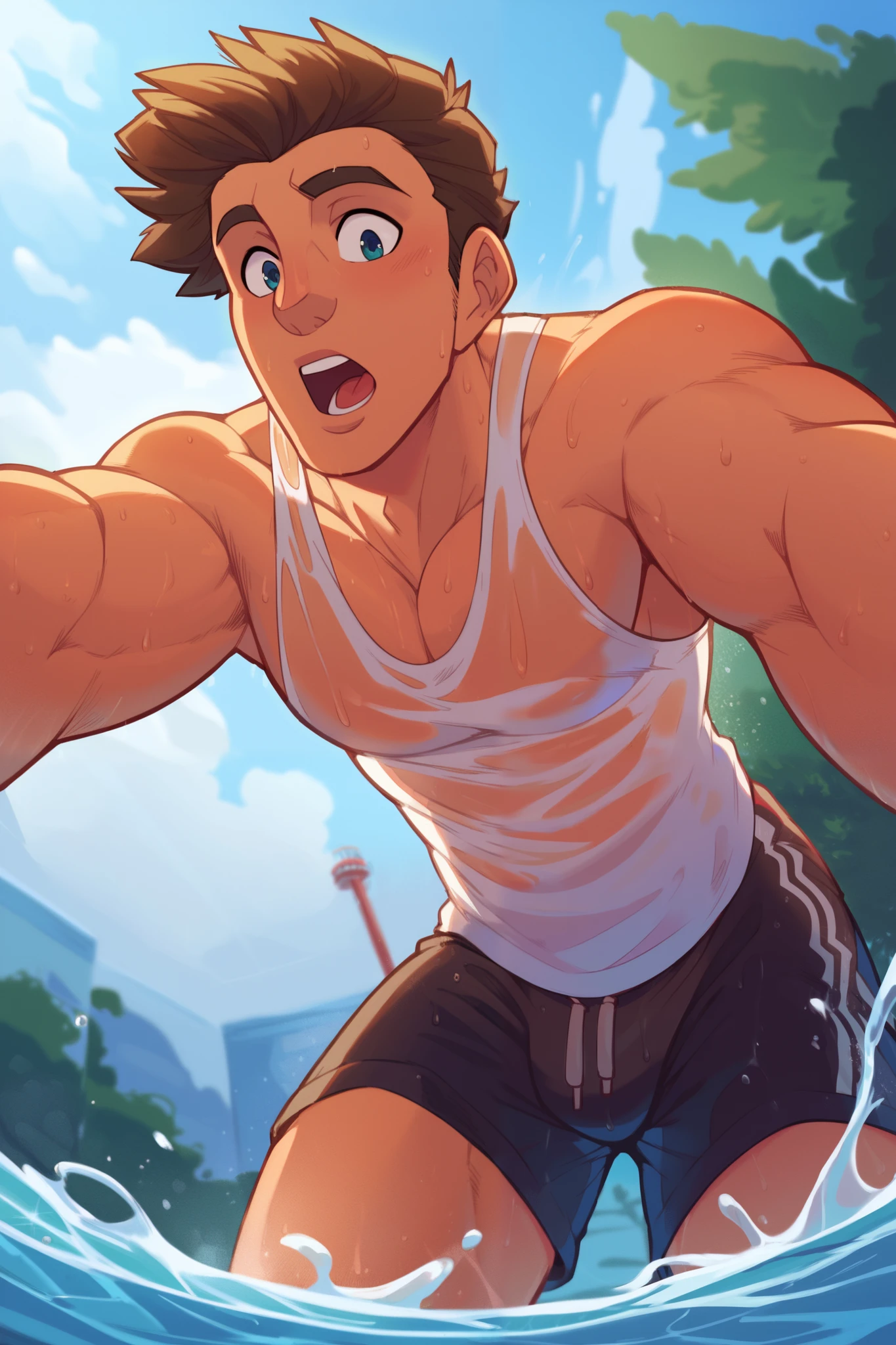 day, natural lighting, summer theme, water, water droplet, water splash, male focus, leaning forward, looking down at viewer, surprised, parted lips, summer clothes, wet clothes, tank top, 1boy, blurry outdoors, scenery, from below, dutch angle, intricately detailed illustration, masterpiece,best quality,amazing quality,very aesthetic,absurdres,newest