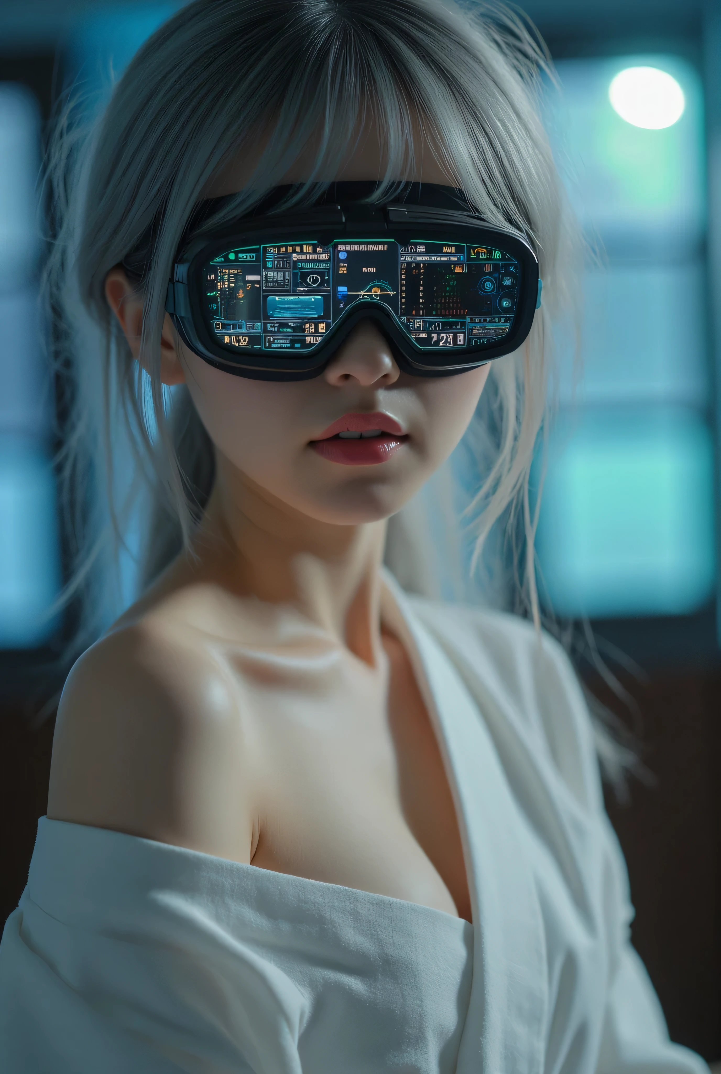(Masterpiece:1.2, excellent quality, Mirror Finish ,Movie experience),8k, wallpaper, ray tracing,(woman), トップレスのwoman、-faced Japanese , medium sized young and beautiful bust , Can you see hard, pointed, and upturned nipples, wear traditional Japanese kimonos without feeling uncomfortable with completely naked skin, Off-shoulder kimono with open front , data displayed on goggles without any sense of incongruity on the face, Japanese with detailed display of goggles , detailed face, beautiful skin, Beautiful silver hair, Server crash , lots of data written on the skin , The background is a wall of data, glossy lips, Pictures of fully naked upper body, nude,