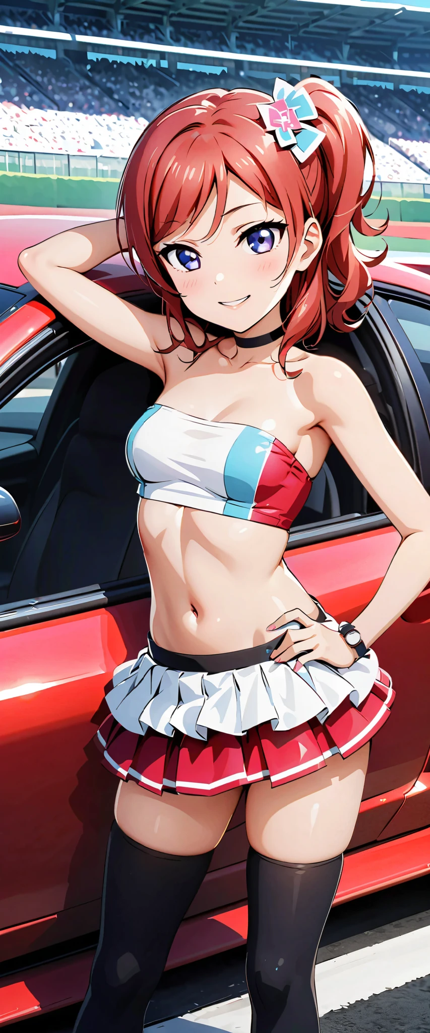 top quality, ultra high resolution, One person, small breasts, Black Choker, smile, exposes shoulders, focus only , Watch Viewers,Fair skin,Car racing track, photon mapping to viewers, physics-based rendering , RAW photos , Highly Detailed Background, K-pop Idol , depth of field, hair ornament, detailed face,輝く肌, game cg,whole body, shiny micro mini skirt ,shiny micro tube top,shiny knee-high long boots, Race Queen,Medium breast, Sexy Poses , sports car,Hold a jacket in your hand ,Gloss Lip