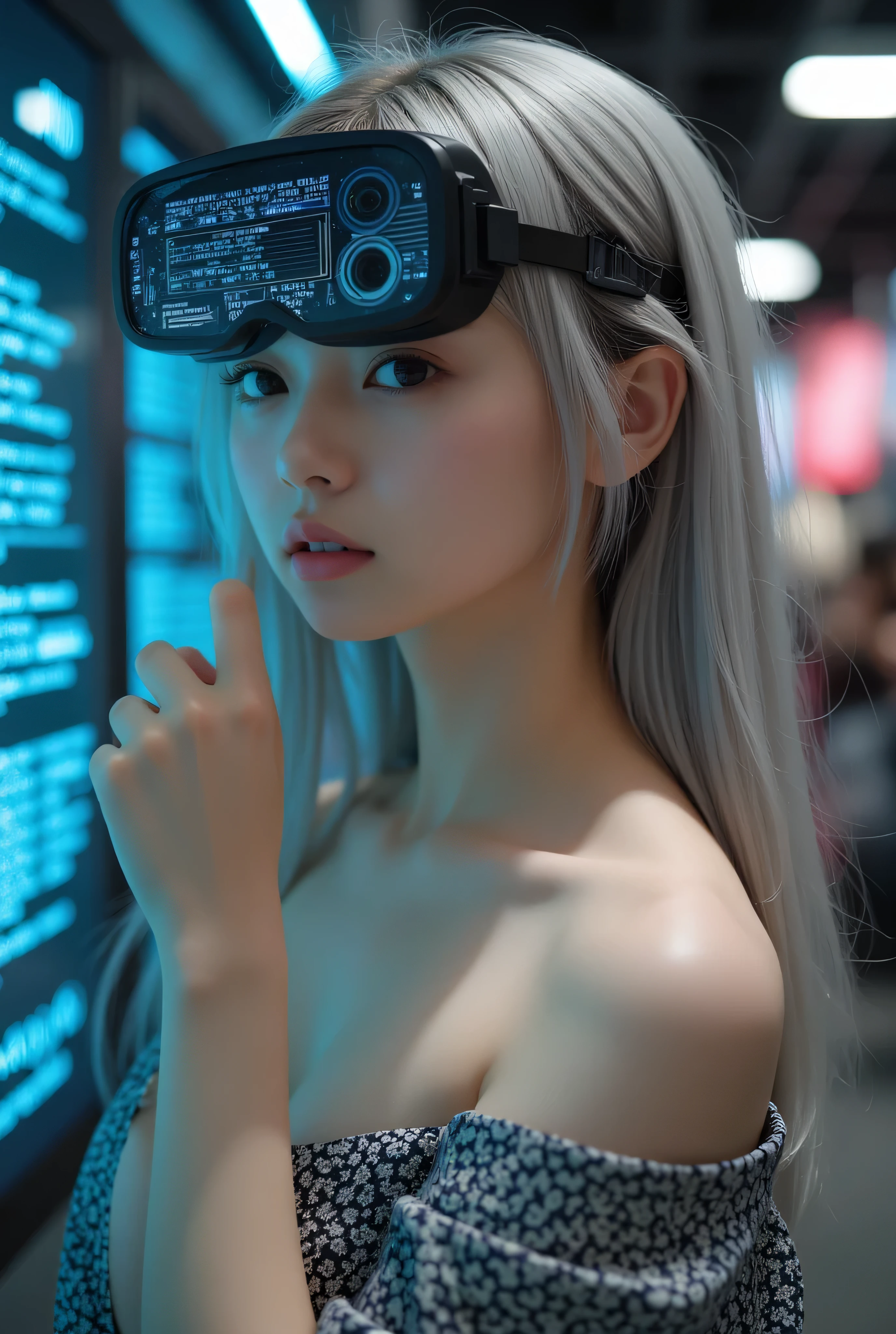 (Masterpiece:1.2,  excellent quality,  Mirror Finish   ,Movie experience),8k,  wallpaper,   ray tracing,(woman), nude, トップレスのwoman、-faced Japanese  ,  medium sized young and beautiful bust , Can you see hard, pointed, and upturned nipples,  wear traditional Japanese kimonos without feeling uncomfortable with completely naked skin,  Off-shoulder kimono with open front ,  data displayed on goggles without any sense of incongruity on the face,   Japanese with detailed display of goggles ,   detailed face,  beautiful skin, Beautiful silver hair, Server crash ,  lots of data written on the skin , The background is a wall of data,  glossy lips, Pictures of fully naked upper body,