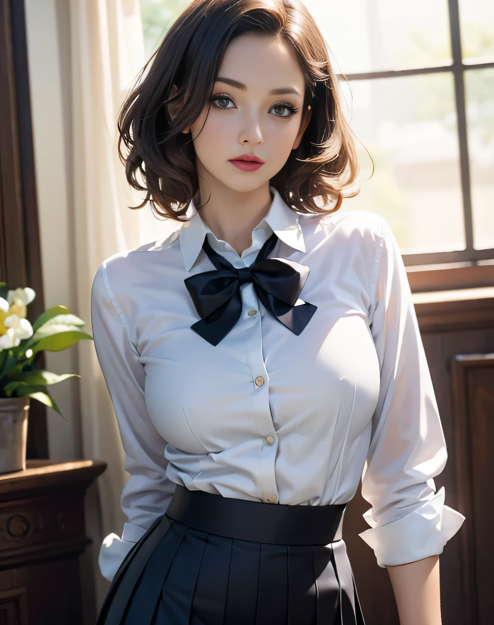 photorealistic, masterpiece, best quality, raw photo, 1girl, solo, long hair, brown hair, detailed face, alluring face, collared shirt, medium breasts, dynamic pose, looking at viewer, from below, detailed background, fine detailed, intricate detail, ray tracing, depth of field, low key, hdr,A strikingly beautiful 24-year-old girl with stunning features, captured in exquisite detail with an 8k resolution. Her short, hair frames her delicate face, revealing her highly detailed glossy eyes with double eyelids. Her skin is pale, smooth, and clean, accentuating her natural, round medium breasts with cleavage visible through her pale cotton vest. The ornate embroidery patterns on the vest add a touch of elegance to her slender figure, emphasized by nicely shaped hands. The bedroom is dimly lit, creating a low-key, dark theme with an "in the dark" atmosphere, allowing every intricate detail of the girl's features and attire to stand out. She is laying on a bed with pillows, her head propped up on one as she gazes directly at the camera with a seductive smile, her glossy lips parted slightly and her expressive eyes shining bright. The focus is sharp, enhancing the realism of the image, which showcases her gorgeous figure and enchanting presence to its fullest extent., perfect detailed face, full glossy lips, detailed eyes, detailed nose, detailed teeth