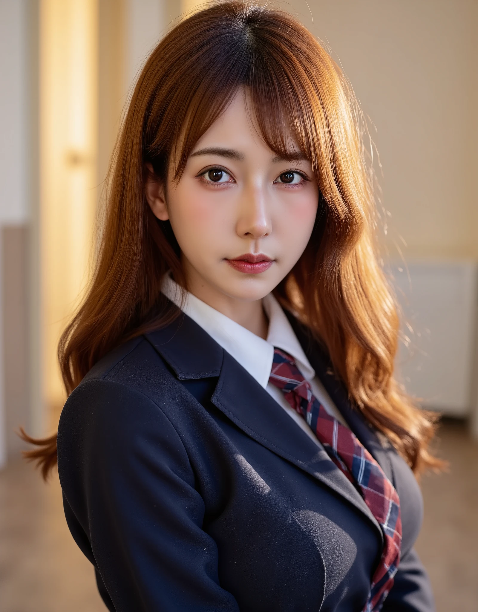 photograph of a young woman, likely of east asian descent, with long, flowing, slightly wavy brown hair, bathed in warm sunlight from her left side, she gazes downward, her expression serene, she wears a navy blue school blazer over a white shirt and a striped red and blue tie, the background is out of focus, showing a hint of architectural elements, possibly a doorway, the image has a soft, dreamy quality, with light highlights giving a sense of warmth and calm