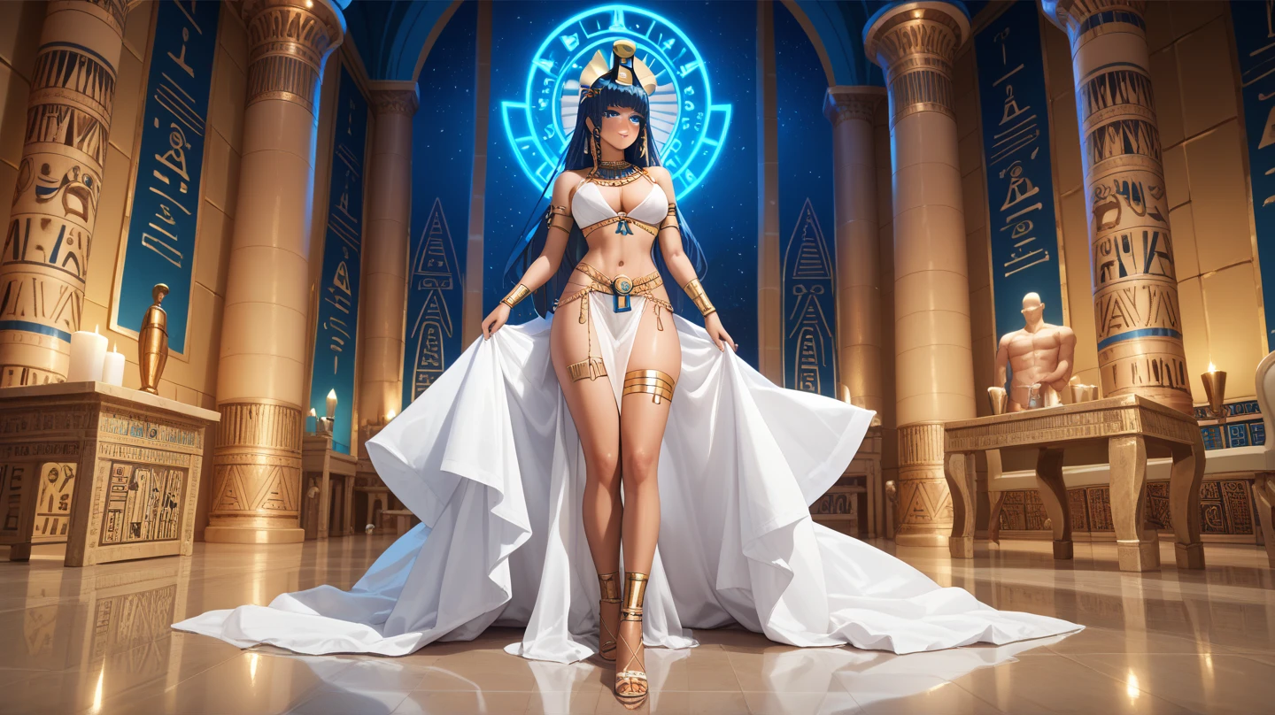 Déesse Egyptienne, Bastet, White Toga, Jewel Dorée, oreilles de chat, Cat Tail, Dark and Purple hair, Curved long hair, , belle poitrine,clivage, Charismatic character, In front of a pyramid, Avatar de seconde vie, Nice screenshot, Femme seduisante vue complète du corps, High quality, very detailed skin,