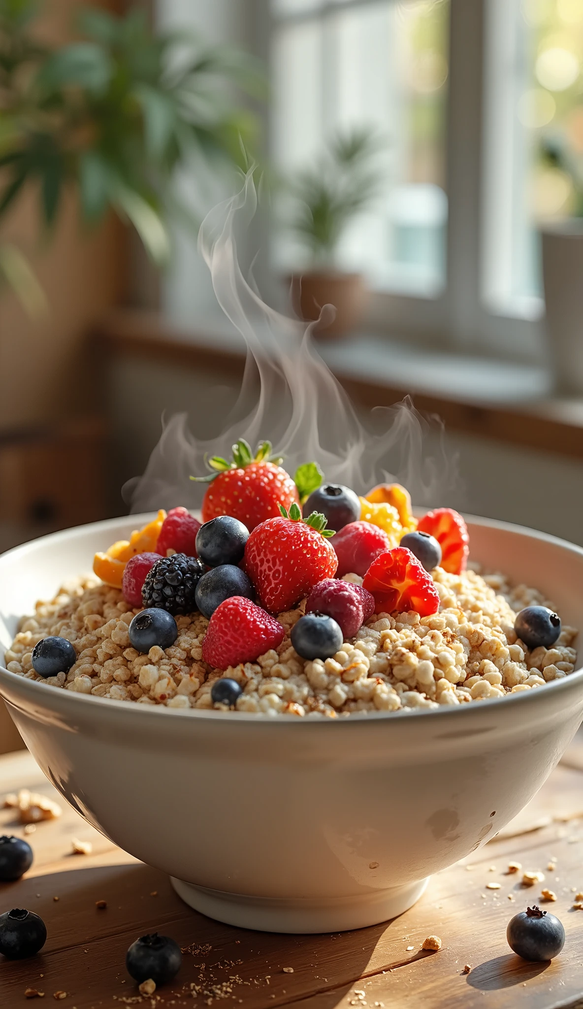 A delicious bowl of warm oatmeal , decorated with fresh berries (blueberries , raspberry, strawberry), on a wooden table in a cozy kitchen . soft sunlight, steam rises , creating a feeling of freshness and warmth.