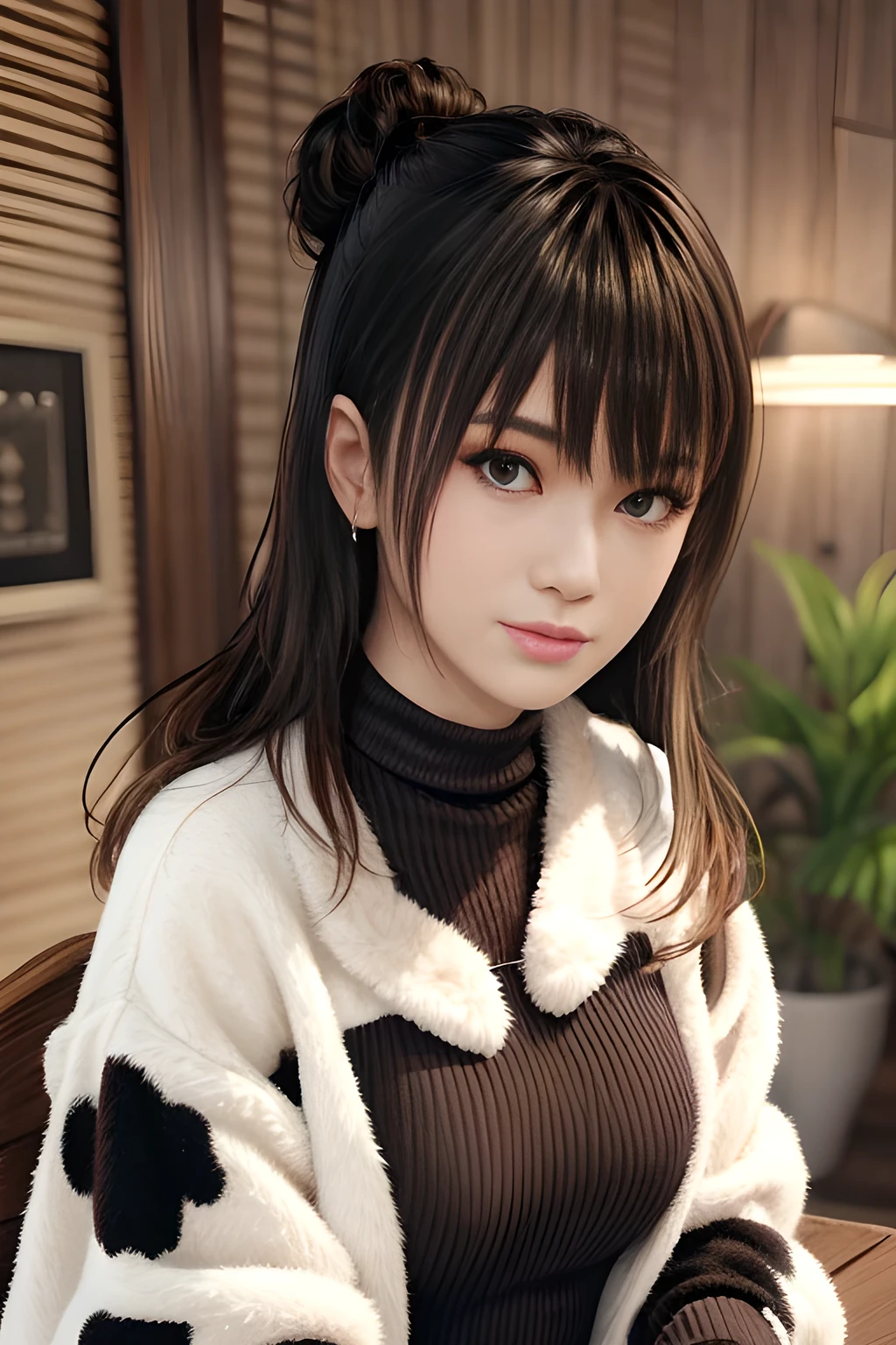 pureerosface_v1, best quality, photorealistic, 8k, high res, full color, 1girl, woman, 20 years old woman, (closed mouth:1.35), (skindentation), (portrait:0.6), ((cityscape background:1.52)), full color, ((highnecksweater:1.68)), straight-looking at viewer:1.8, (1girl eyes looking at viewer:1.55), (medium-length hair, blackhair, partedbangs:1.45), (bokeh), <lora:CBAV-MOII:0.65>
