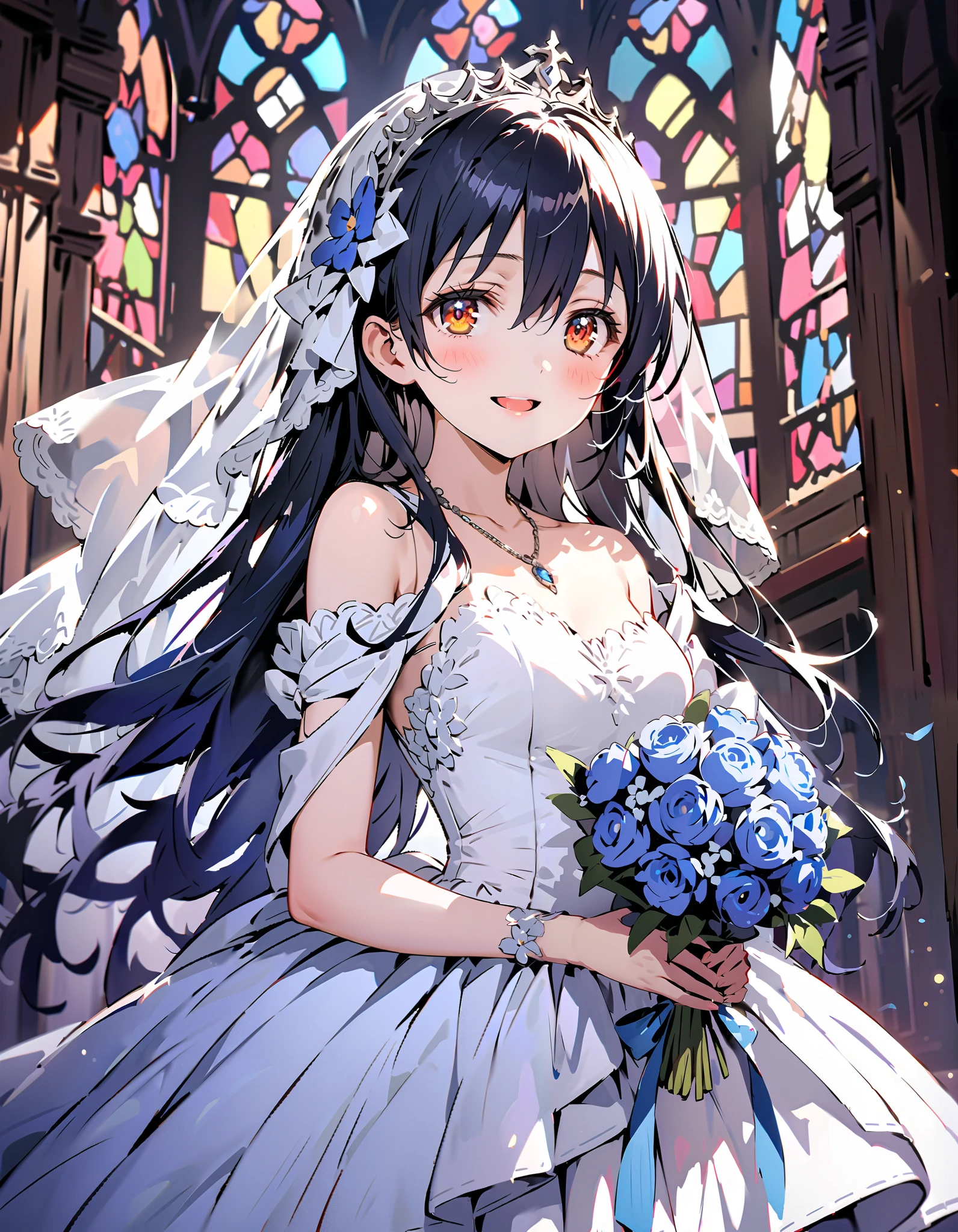 Sonoda Umi , long hair, bangs, brown eyes, Lantern,smile,blush, open your mouth, off shoulder wedding dress, wedding long skirt with a bouquet of flowers in both hands, Veil, tiara , necklace,bouquet, blue flower, standing, stained glass ,whole bodyが illustrationsに入るように, break indoors, Chapel,church,
break looking at viewer,whole body,
break ( Masterpiece:1.2), top quality, Hi-Res, Unity 8k Wallpaper, ( illustrations:0.8), ( beautiful detailed eyes :1.6), very detailed face, perfect lighting , Extremely detailed CG, ( Perfect Hands, perfect anatomy),