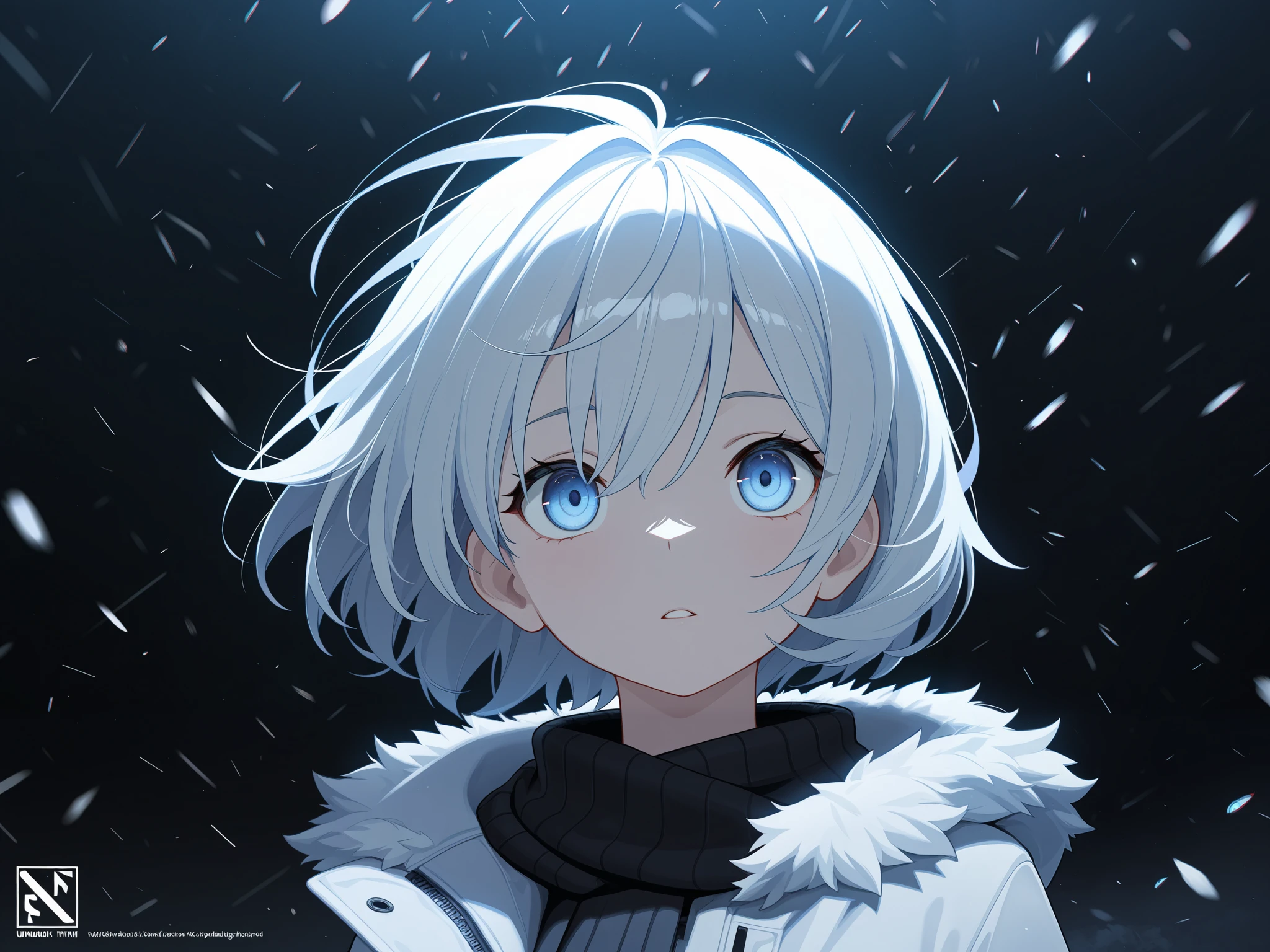 Short hair blown by the wind, distinct facial features, high resolution, best quality, high resolution, ultra detailed, ultra fine, very delicate, professional, anatomically correct, highly detailed eyes and face, high quality eyes, creativity, RAW photography, UHD, 4k, 8k, natural light, cinematic lighting, masterpiece: 1.5, Swallowed by a tsunami closing in from behind on a snowy winter night: 1.6