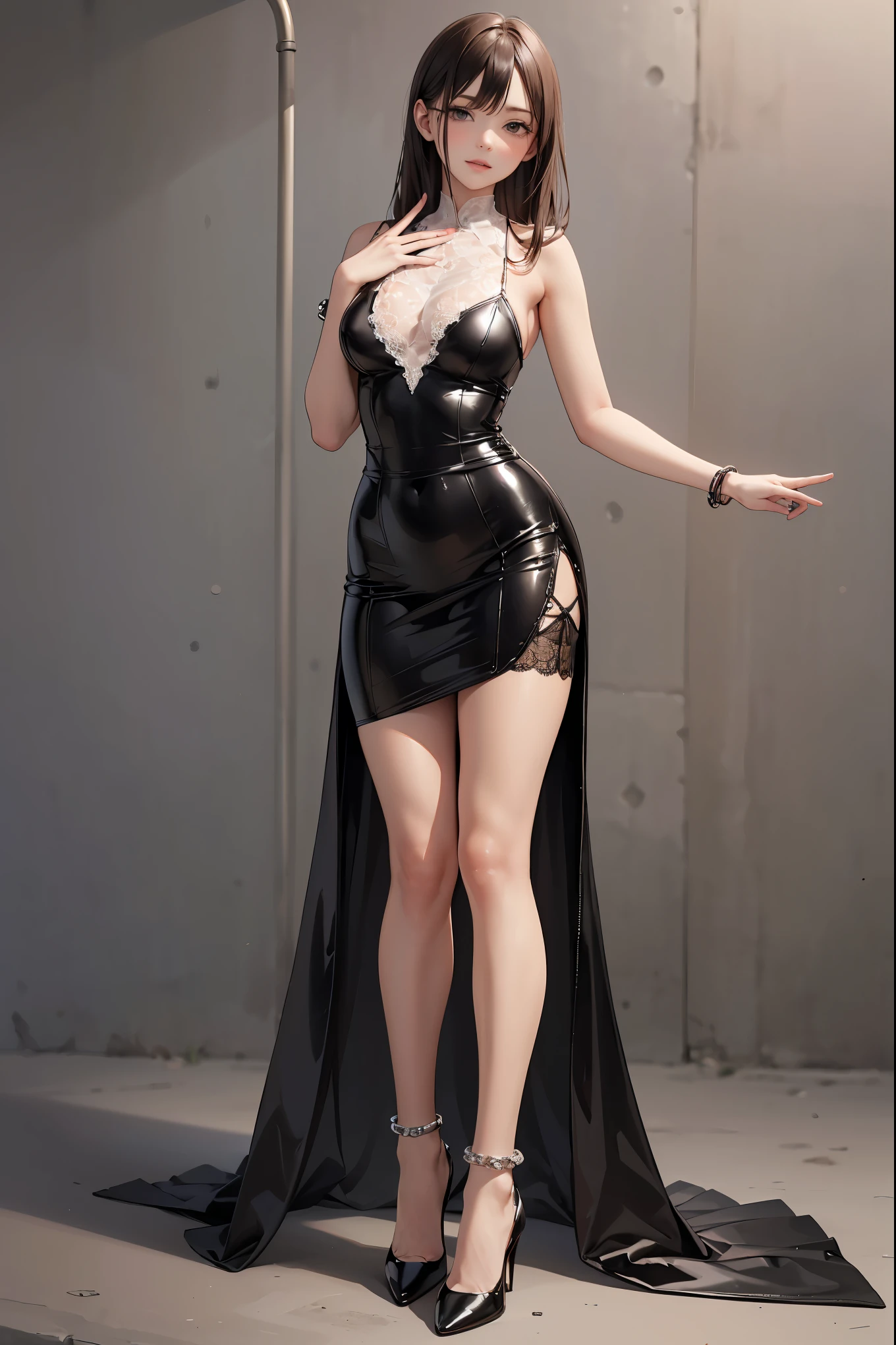 ((ultra detailed, masterpiece, best quality)) FF8Rinoa, 1girl, solo, single braid, blue eyes, black hair, white hairband, black choker, medium Breasts hanging, black corset strapless sexy, white sexy miniskirt, sexy long legs, black platform high heels wedges, full body shot