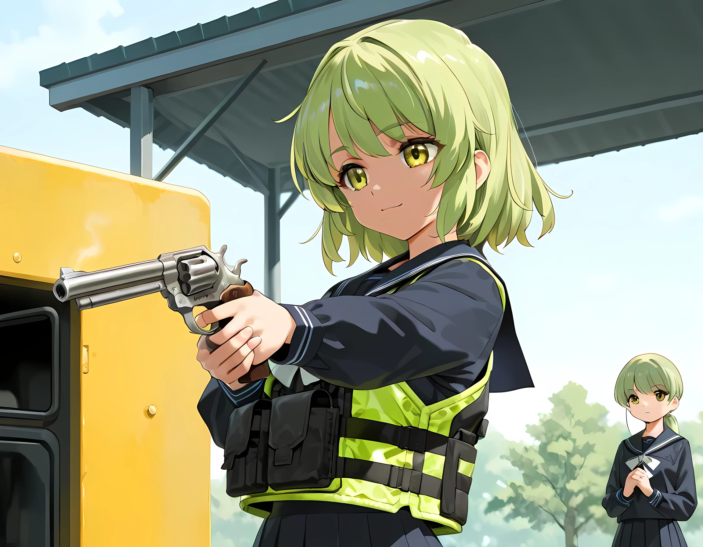 masterpiece, best quality, 8K, high detailed, vector illustration, yd\(orange maru\), multiple girls, outdoor shooting range, standing, 180㎝, (yellow green medium:1.5) hair, yellow green eyes, slant eyes, (detailed beautiful face and eyes;1.3) medium breasts, (slender:1.4), serious, (black sailor uniform:1.5), upper body, from side, (Hold the pistol with both hands, hold a gun and take aim:1.1), (Revolver Pistol S&W M586:1.4), (ballistic vest:1.5) Magazine pouch, All the girls except the one with lime green hair are loading their magazines, They are wearing black sailor uniform and ballistic vests