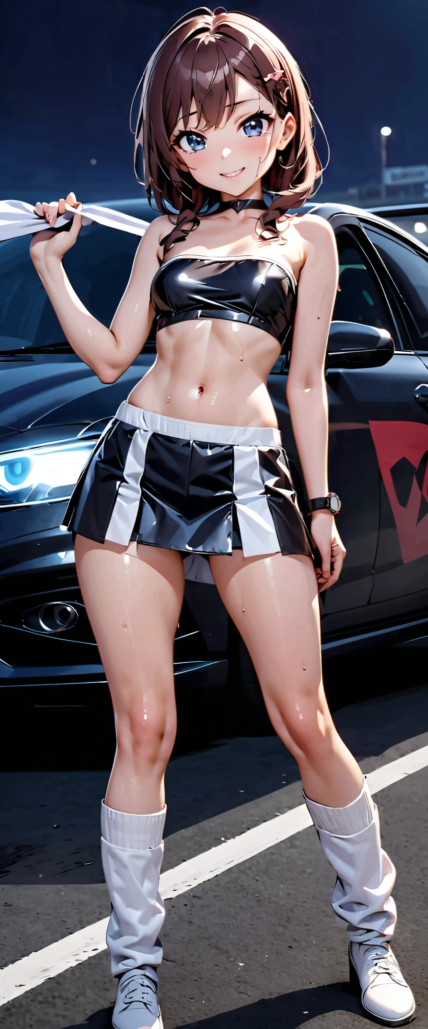 1 Girl、Beautiful silver hair、((((Very short hair))))、Blue eyes、(hair band)、((Blunt bangs)), small breasts、22 years old, (tsurime), Tight waist、smile、Natural lighting、Very cute face, Cute pose、Monte Carlo Street Circuit, Racing Car, Racing Bike, Promotion Girl, Grid Girls, The promotional costumes are exquisitely tailored., paying meticulous attention to detail, Lace-up boots, Short sleeve, Cropped tops, , Tube top bra, Knee-length, Exposing shoulders, Knee-lengthグリッターナイロンプリーツスカート, Asymmetrical medium size nylon pleated skirt, Promotional wear with logo, Red and white glitter promotional wear、from below, skirt lift, (Red see-through panties), Shallow depth of field