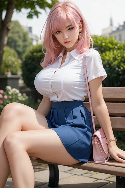 PERFECT MASTERPIECE, EXTREMELY DETAILED CG UNITY 32K UHD QUALITY RESOLUTION WALLPAPER, PHOTOREALISTIC, RAW PHOTO, PERFECT PHOTOGENIC CLARITY, OFFICIAL ART, AWARD-WINNING PORTRAIT, ULTRA HYPER-REALISTIC, ULTRA HYPER-DETAILED, The most beautiful and sexy school girl, very long pink colored hair, vibrant moonlight eyes, long detailed eyelashes, blushing, full pouting pink lips, curvy body type, full hips, super huge enormously gigantic tits, cleavage showing, gigantic  bursting out of her shirt, wearing a school girl uniform school girl skirt and Nike sneakers, squatting spreading her legs open lifting up her skirt arching her back in a sexy seductive slutty pose, white panties showing, looking back at the viewer, cowboy shot from below, sexy seductive slutty facial expression, school campus background