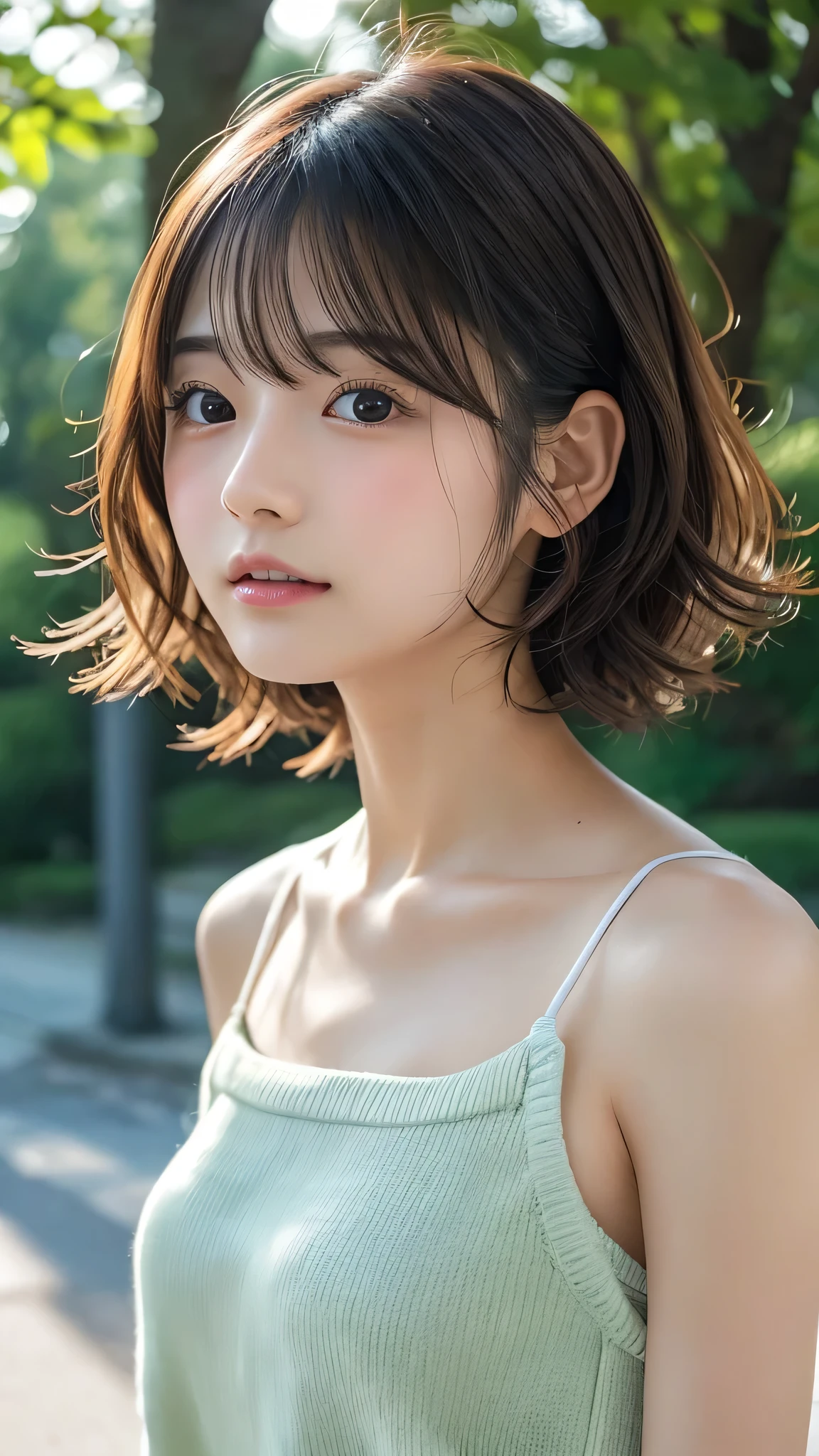 Sexy Big 、Sexy cute looks and cute 15 year old beautiful girl, beautiful and sexy face、A strong wind blows my hair in front of my face、With short blonde hair、beautiful, Cute and sexy eyes hidden behind long bangs。
