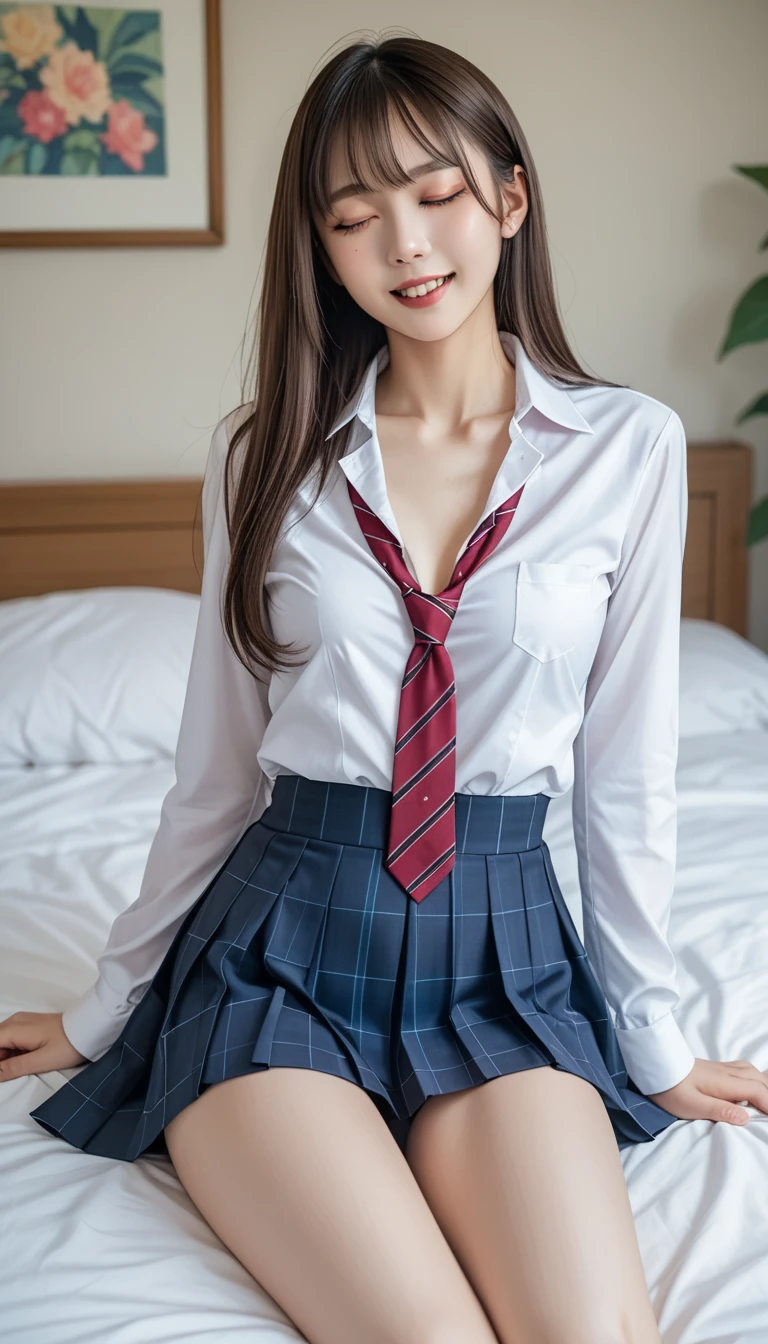 Realistic college girl in skirt and bow tie, (Wearing pantyhose), sitting in the couch、Japanese Models, (thighhighs and skirt), Young Sensual Gravure Idol, A smile、wearing honey - themed miniskirt, (Wearing cute panties)、Young skinny gravure idol, goddess of Japan, Young Pretty Gravure Idol, Realistic Young Gravure Idol, Raw photo, (8K、top-quality、masterpiece:1.2)、(intricate detailes:1.4)、(Photorealsitic:1.4)、octane renderings、Complex 3D rendering ultra detail, Studio Soft Light, Rim Lights, vibrant detail, super detailing, realistic skin textures, Detail Face, Beautiful detail eyes, Very detailed CG Unity 16k wallpaper, make - up, (detailedbackground:1.2), Exposed thighs!!!,