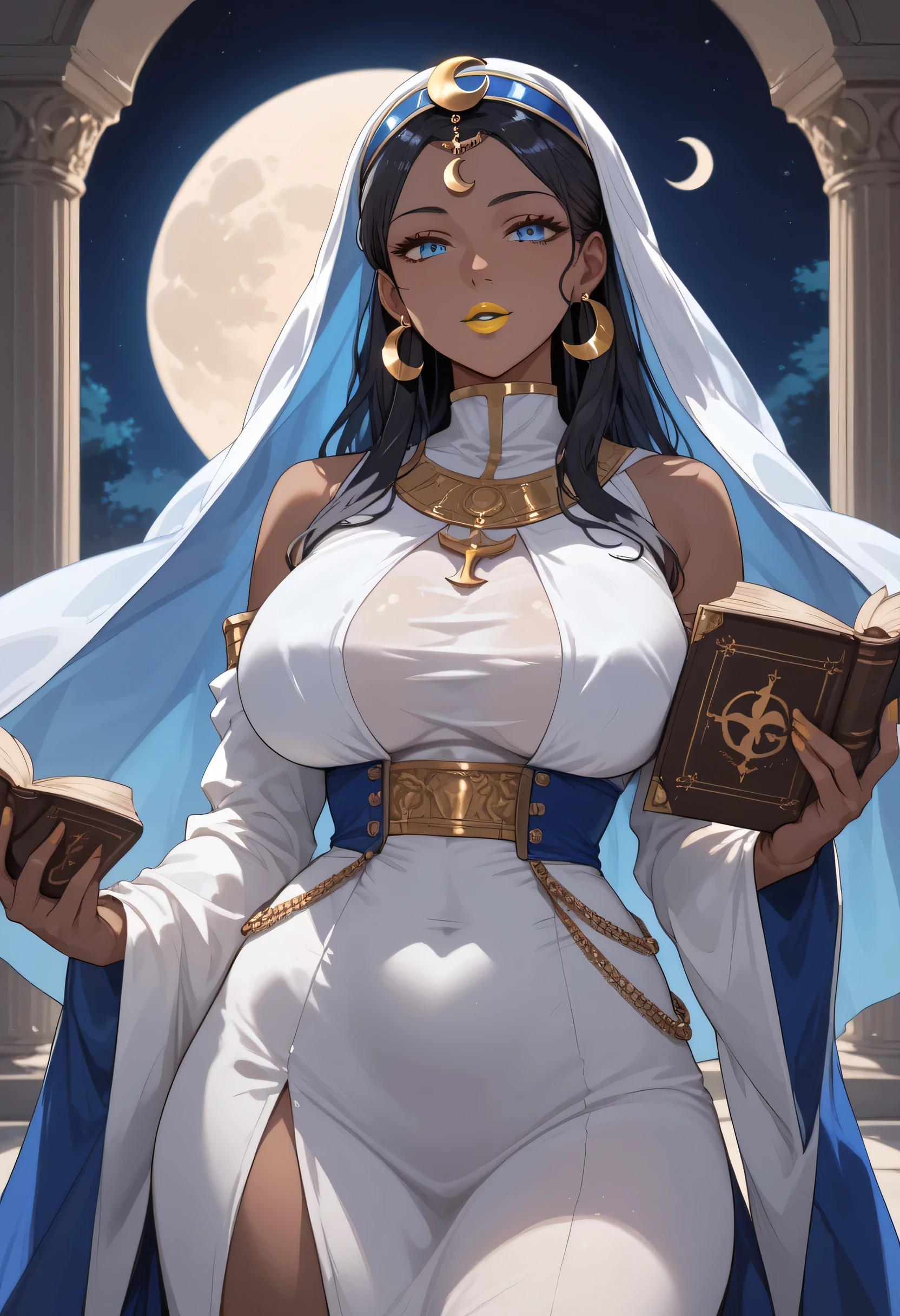 woman, big breasts, yellow lipstick, anime style, blue eyes, black hair, black skin, dark skin, blue light, moonlight, blue dress, white robe, full moon, crescent moon, multiple moons, blue light, holding a book, greek columns, thin waist, big hips, looking at viewer, moon earrings, priestess, veil on face