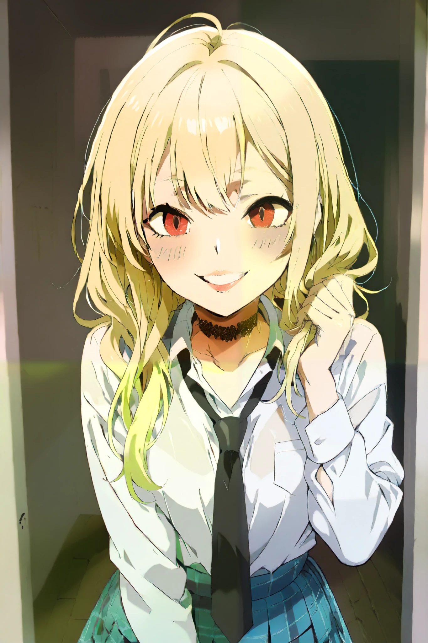 long blonde、 hair to the front of the chest with thin eyebrows、Bring brown 、Red eyes 、 lips pink、The mouth opens wide to the side、Smiling face、black choker with lace around the neck、 white shirt、 black tie 、 light blue plaid mini skirt、