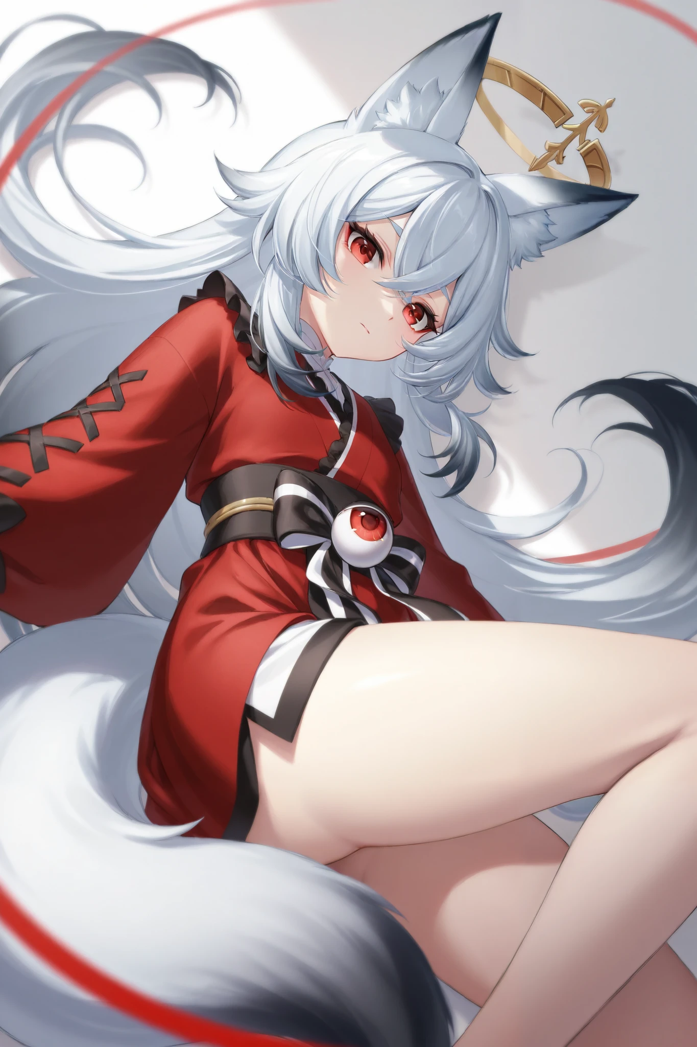 A male furry woft have blue light fur with white hair long a bit eyes colour red darl, with naked wear underwear Japanese style 