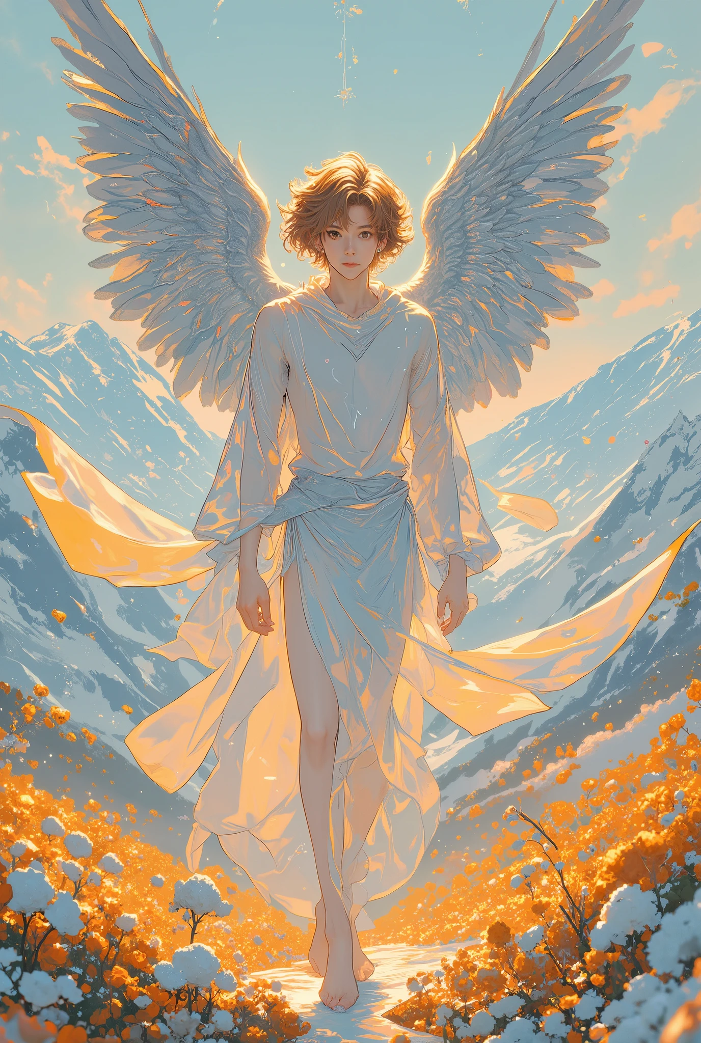 1boy, 1, full body shot, full hd, arms detail, body detail, legs detail, face detail, feets detail, feet on the floor, hands detail, light brown long curly hair, cold white illuminated skin, slender body, soft thin face, small transparent light red linen covering the pelvis, thin earrings in the ear, large wings on the back that almost touch the ground of gray feathers, in a large and immense field in mountains with golden bushes in the background, blue sky cold as hell, a sprig of Hydrangea, masterpiece, best quality, most handsome man in the world, dramatic lighting, full body, body hairless, tall, fit body, dominating, white or white skin, boy soft face, soft light, highly detailed, looking at the audience, photography, detailed skin, real person, crazy detail, facial detail, hype maximization, telephoto, lighting complex detail , Highly detailed, Digital painting, artstation, concept art, smooth, sharp focus, illustration, Unreal Engine 5, art by Ross Tran and Greg Rutkowski and Alphonse Mucha, Show men only .8k Ultra HD, dslr, dim lighting, high quality, film grain, Fujifilm XT3, 2-person, two-person model. hype surrealism, hype surrealism, by Shen Quan, perfect body, beautiful young male model, an attractive man 18-2 aesthetic, Sunshine sports student, asianboy, bulgej8, Noosphere, fantasy dark, light and cold aesthetics,