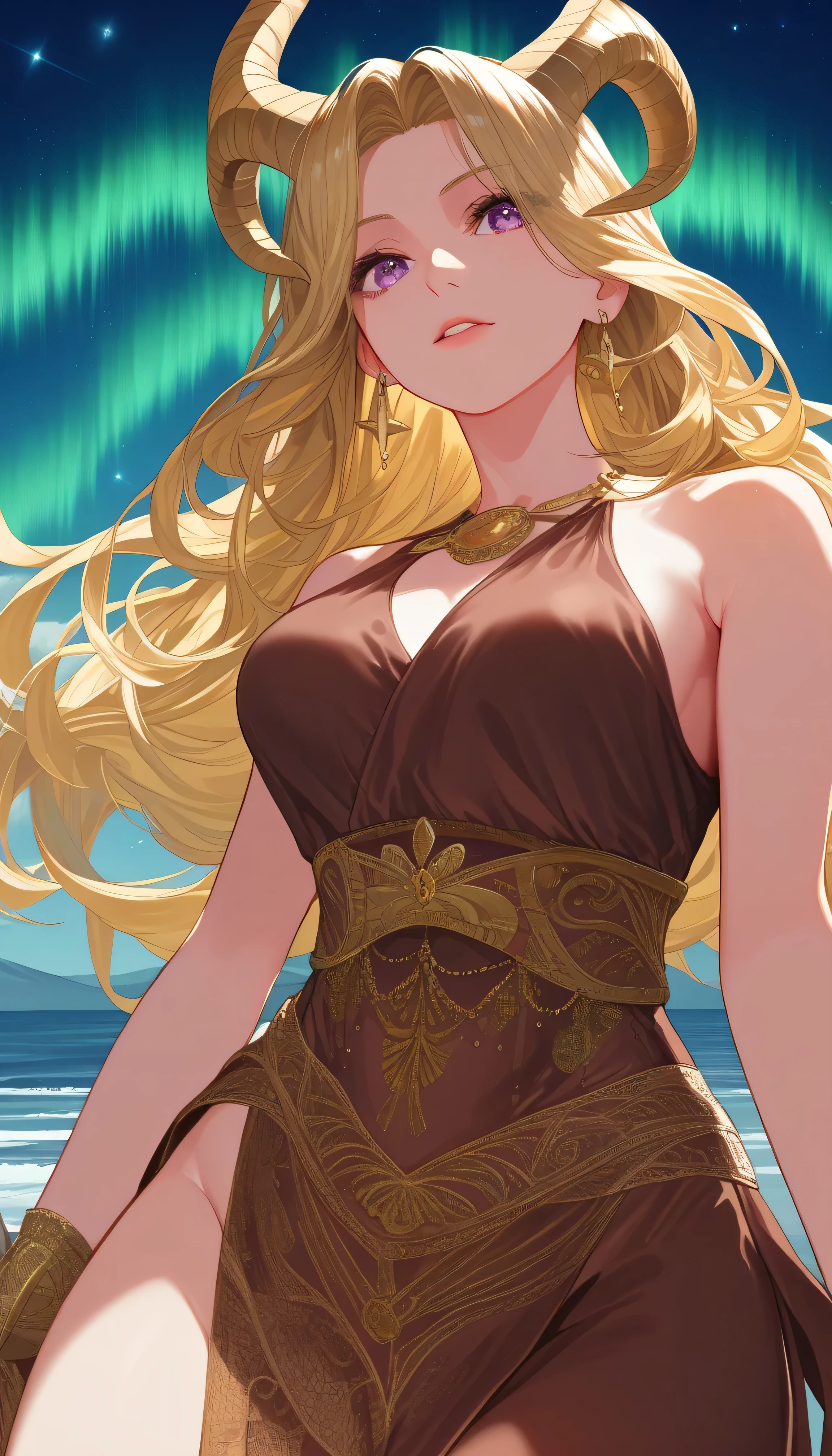 The mysterious and alluring goddess who symbolizes Capricorn radiates grace and heavenly beauty. She has the glamour of a Korean idol. Her head is covered with long goat horns. Her unusually long, flowing blonde hair shines softly in the starlight. Her hair flows down gracefully from her shoulders like waves, exuding a sense of divine elegance. She wears a luxurious and intricately decorated brown dress that reaches down to her feet and has delicate celestial patterns painted on it, making her appearance even more magical. Her expression is calm yet dignified, and her eyes capture the viewer's attention. The background is a magnificent cosmic scene, with the constellation Capricorn shining brightly in the night sky and the green and purple aurora borealis dancing gracefully in the heavens. The overall atmosphere is one of ultimate beauty, mystery, and divine power.