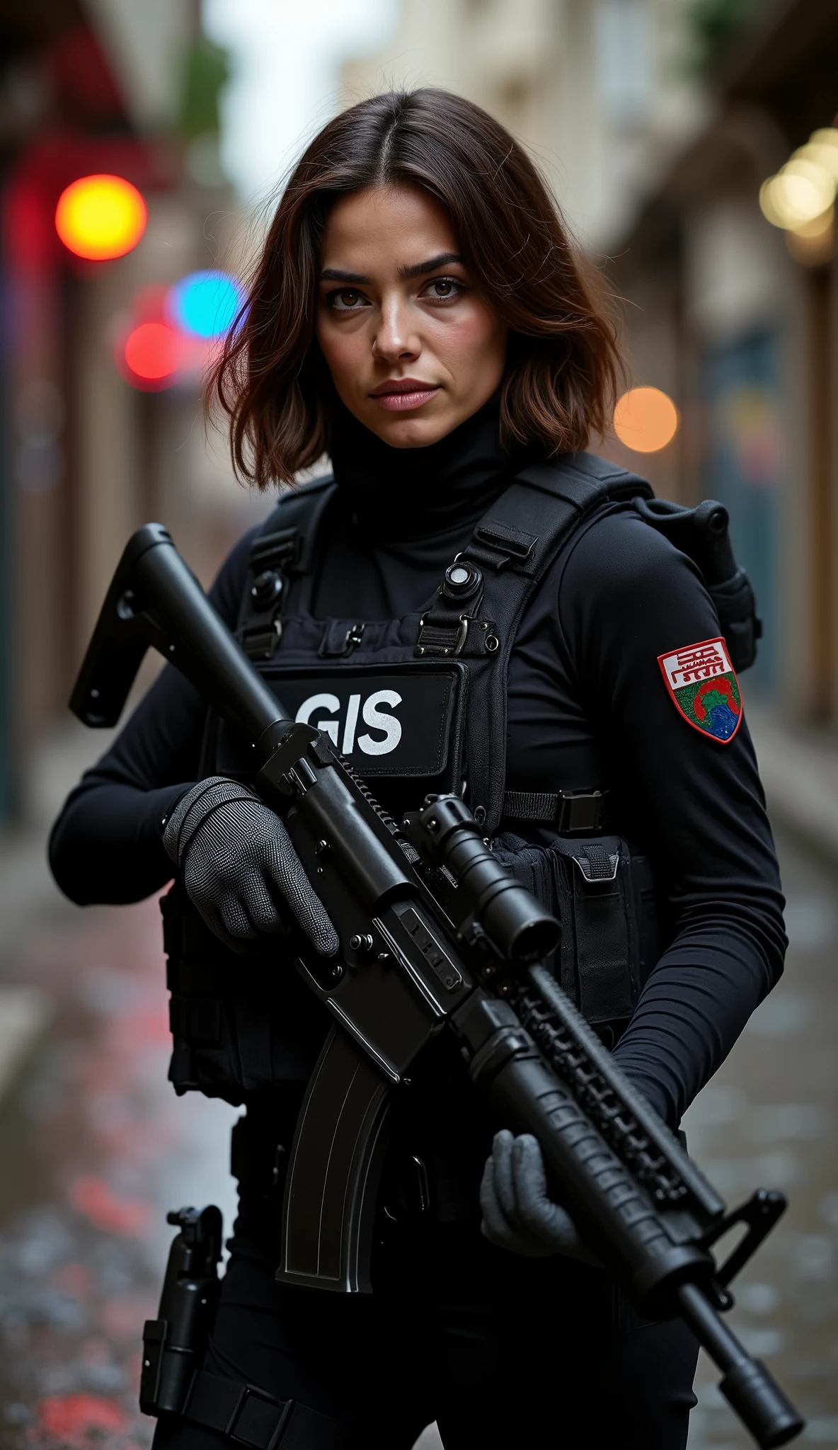 A stunning 20-year-old Algerian woman with a sharp, charismatic expression stands in a tactical stance, carefully observing her surroundings. Her deep brown eyes scan the area with unwavering focus, her well-defined features reflecting both determination and intelligence. Her long bob haircut frames her face perfectly, neatly tucked behind her ears to keep her vision clear.
She wears a dark tactical uniform, specifically designed for GIS (Groupe d'Intervention Spécial), Algeria’s elite counter-terrorism unit. Over her fitted combat suit, she dons a black bulletproof vest with "GIS" printed boldly on the front and back, marking her as a highly trained operative. Her uniform is reinforced with lightweight yet durable armor, ensuring protection without compromising mobility. A tactical belt carries essential gear, including extra magazines, a radio communication device, and a combat knife securely strapped to her thigh.
She firmly grips an Algerian FAMAS rifle, a trusted weapon for precision and rapid response. The rifle is equipped with a holographic sight for quick target acquisition, a suppressor for stealth, and a foregrip for better control. Her fingers rest near the trigger, her posture exuding discipline and readiness for any threat.
Her pose is 3/4 body, tactical and alert, eyes locked onto a distant point as she analyzes potential dangers. The setting is a high-stakes urban environment—dimly lit alleys, the distant hum of a helicopter, and the faint sound of radio chatter in the air. Red and blue emergency lights flicker against the damp pavement, reflecting off her gear. Despite the tension, she remains calm, poised, and ready, a true embodiment of Algeria’s elite counter-terrorism force.