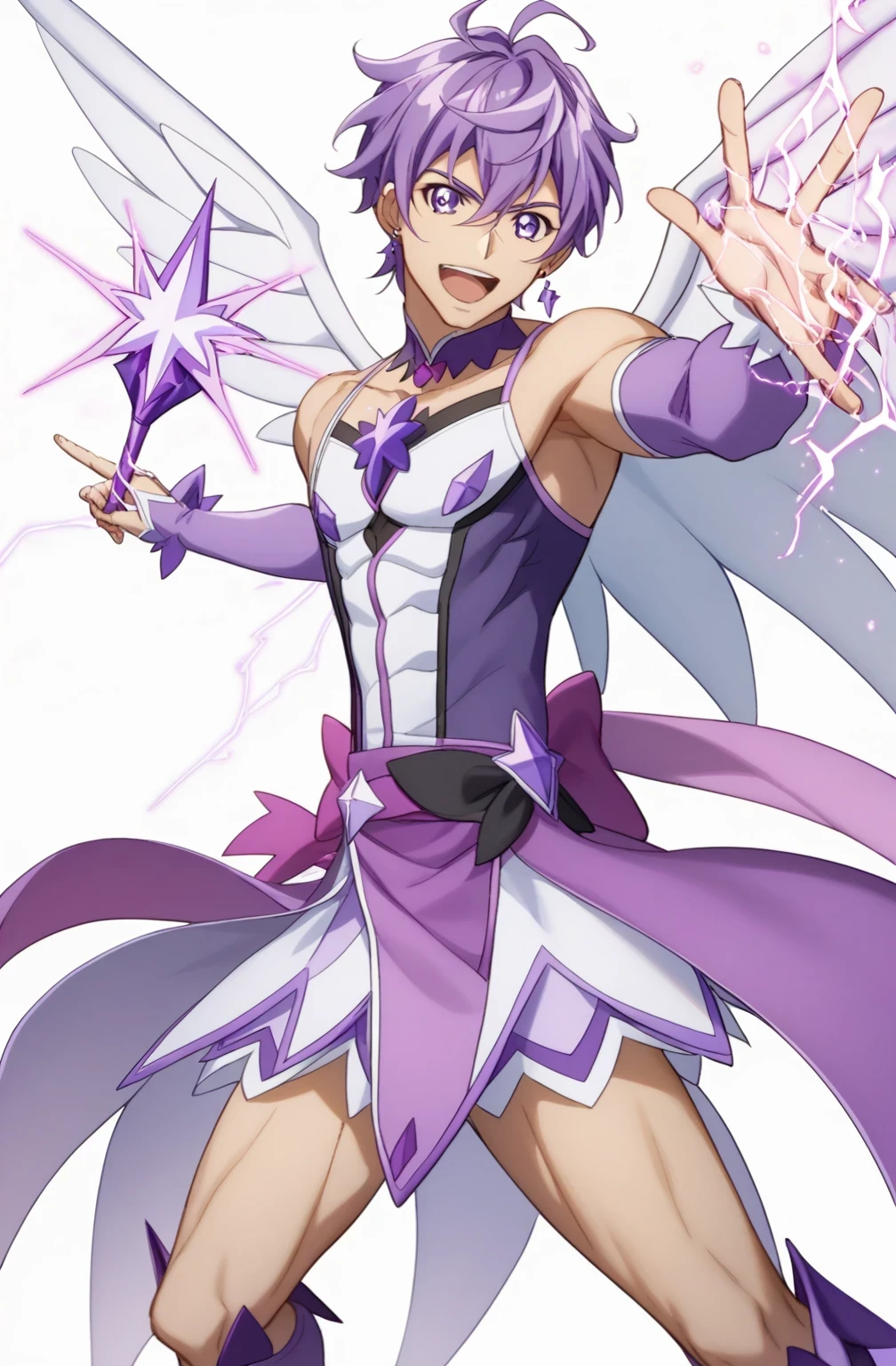 score 9 、score 8 up、score 7 up、source anime、 Masterpiece、 top quality、 Hi-Res、anime coloring、1boy 、Cure Sword、(male:1.55)、close-up of a boy cartoon character with purple hair、Alone、portrait of Magic Boy、 Boy in a White and Purple Dress 、Long Legged 、Heavenly Aura、Lightning Aura、 White and Purple Miniskirt 、 purple arm warmers、purple detached sleeves、purple waist bow、Bare legs、Bare thighs、 purple thigh-high boots 、 Symphogear Flavor 、 Boy with Short Light Purple Hair 、 Prince of Amethysts 、 official character art near the toilet 、style of Magic Boy、Magic Boy、 Anime Boy 、 Official Art、 Hi-Res、perfect costume、sparkling Magic Boy、(manly:1.55)、With Sparkling Purple Eyes 、perfect body、perfect hands、perfect arms、perfect legs、 male focus、looking at viewer、Alone focus、 cowboy shots with different designs、(male body:1.55)、beefcake style、