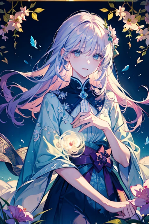 1woman, flowy hair, flowers, official art, unity 8k wallpaper, ultra detailed, beautiful and aesthetic, beautiful, masterpiece, best quality, (zentangle, mandala, tangle, entangle), (ecstasy of flower:1.2) dynamic angle, the most beautiful form of chaos, elegant, a brutalist designed, vivid colours, romanticism, atmospheric
