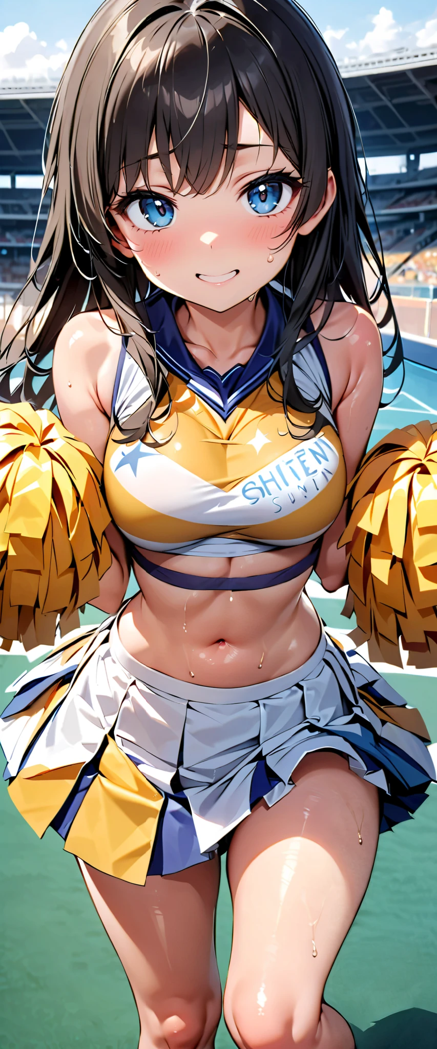 nsfw,from below:1.4,((perfect anatomy,realistic,:1.3,RAW Photography:1.3,masterpiece、highest quality、Ultra - High resolution、High resolution、Highly detailed CG、8K)),cowboy shot,1 female,solo,20 year old beauty,((beautiful detailed face and eyes,big gorgeous eyes),dark brown eyes,open mouth,drooling,((brown hair,long hair,forehead,center parted hair:1.2、straight hair)),(medium breasts,slender body,small head:1.3,skinny,tan skin,gleaming skin,oily skin,shiny skin,sweat:1.7),(((Cheerleader,blue Cheerleader uniform,love juice:1.3)),((creampie,bukkake:1.5,excessive cum:1.5)),standing,spread legs,,Audience seats、arena、