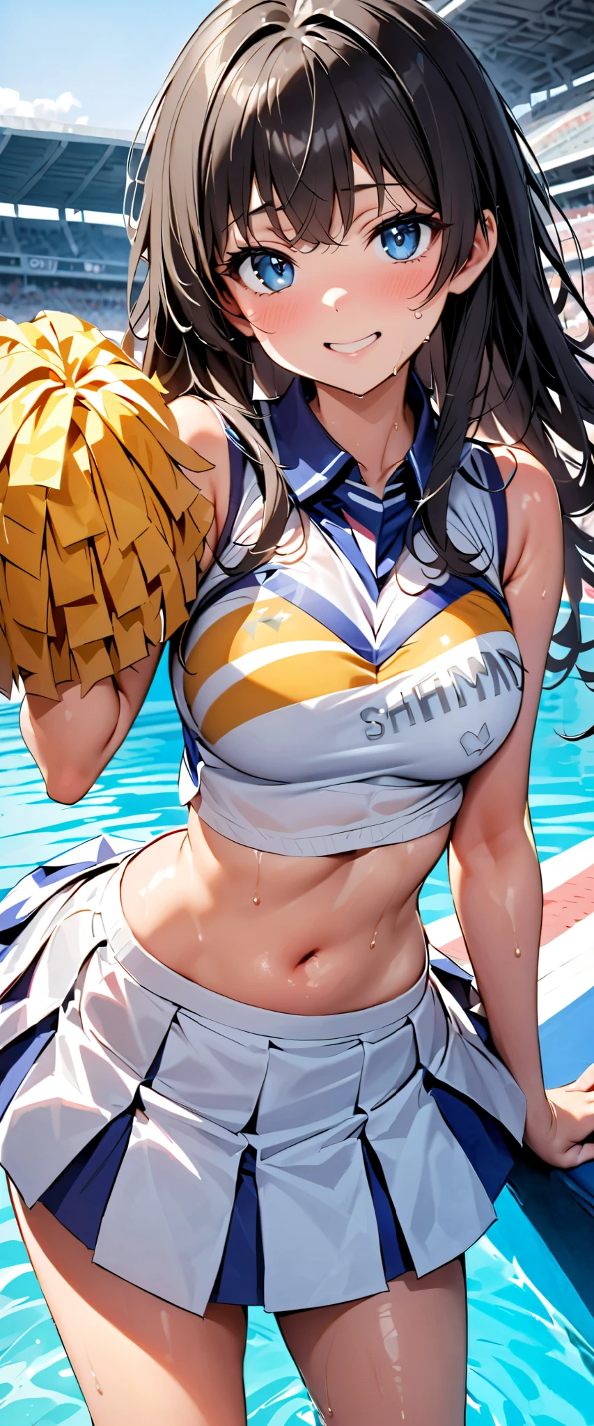 ( masterpiece, top quality, Ultra A High Resolution),Japanese woman alone, ((( a very pretty girl ))), cute girl、Staring at the photographer、 (()), very cute face, glossy lips, , natural smile 、 Natural Cosmetics, long lashes, Shiny Smooth Hair 、, Perfect Limbs , perfect anatomy,(((Shining cheer uniforms, cheerleader, cheerleader, tube top )))) STADIUM,Saten Ruiko, sweaty,((( tube top )))Gloss Lip, with a cheerful smile