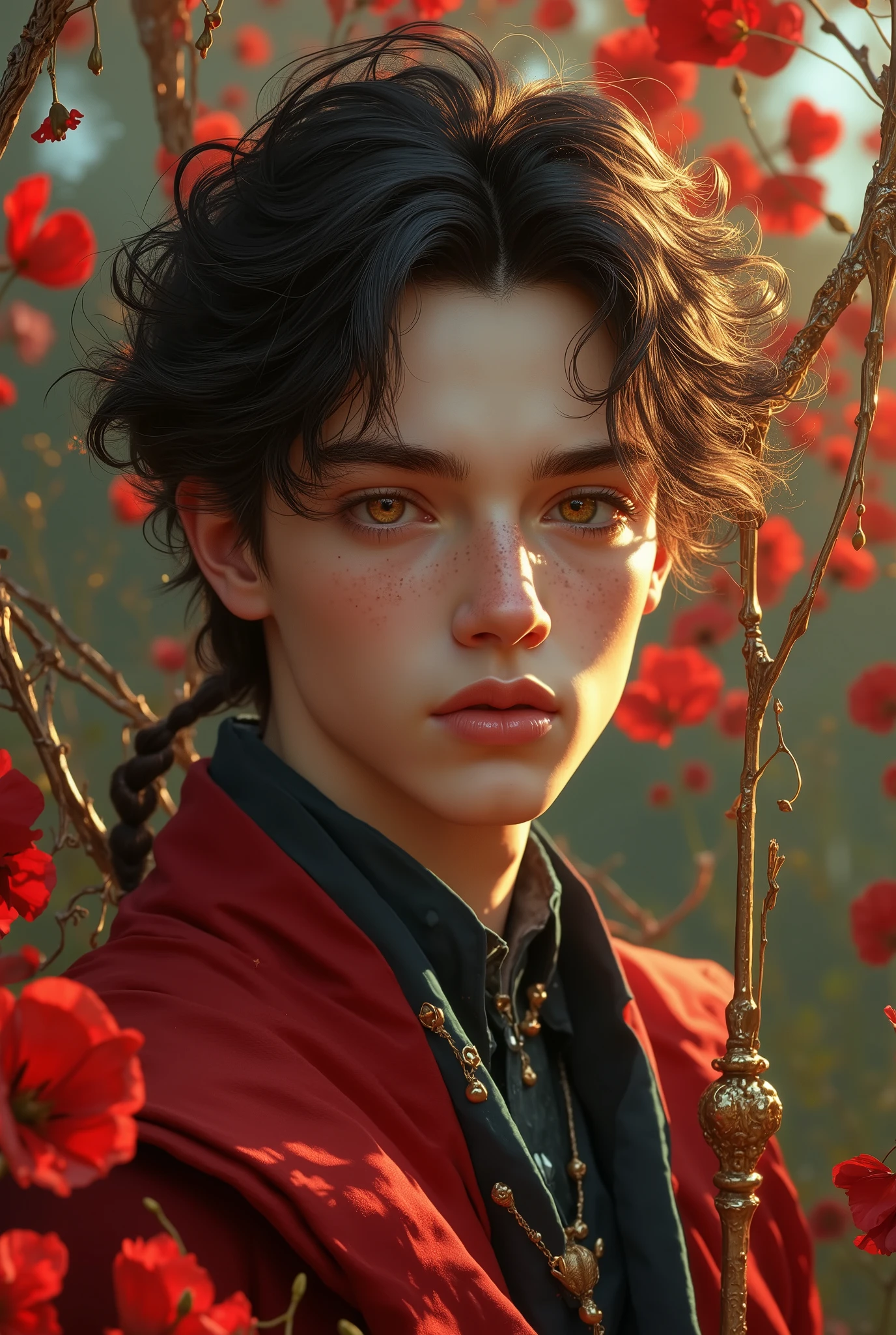 (photorealism:1.2), photorealism:1.2), ((photorealism:1.2),20 years old handsome man hot sexy young cute handsome male wizard, DETAILED, . full body imej. skinny hunk. A young beautiful handsome man wizard with pale skin,. full body shot, long shot, the feet. ticks a mustache. men model face, with wise aura His eyes are deep and mesmerizing, a rich, liquid amber with flecks of fiery red and golden hues that shimmer under the golden light. They are almond-shaped and framed by thick, dark lashes, holding a hypnotic intensity that seems to pierce through to the soul. His gaze conveys both a quiet confidence and an irresistible sense of longing, drawing viewers into a world of mystery and desire. His face shape is a masterpiece of symmetry, with a strong, angular jawline that exudes masculinity, softened by high cheekbones that catch the warm light. His chin is subtly cleft, adding an extra layer of refined character. His hair is styled in a modern, tousled cut, with medium-length strands that fall naturally in soft, wavy layers. The style frames his face perfectly, with a slightly undone look that evokes effortless elegance. His hair is a deep, raven black, with subtle hints of crimson highlights that shimmer like the petals of poppies under sunlight. The tousled texture adds volume and movement, emphasizing his dynamic, dreamlike presence. His skin texture and tone are flawless, with a pale, porcelain-like complexion that radiates a soft luminescence. His skin is smooth and luminous, with lifelike details such as faint freckles across his high cheekbones and a natural flush of warmth. The slight sheen of golden light enhances his ethereal beauty, creating a glowing, almost surreal effect. wearing red poppies color wizard robe. teal color turttleneck inside robe. pointy hat color red poppies holding a gleaming wood staff. The staff is adorned with rain drop arcane symbols and emanates an aura of power. The Magician is in the midst of a magical ritual, conjuring an area