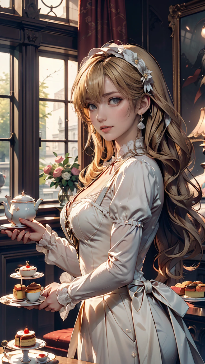 ((最high quality, 8K, masterpiece: 1.3, Ultra HD, high quality, 最high quality, High resolution, realism)) 、Marie Antoinette、Wear a Bourbon dynasty dress、Blonde、Upstyle your hair、Inside the Palace of Versailles in France、Enjoy tea time in a luxurious room