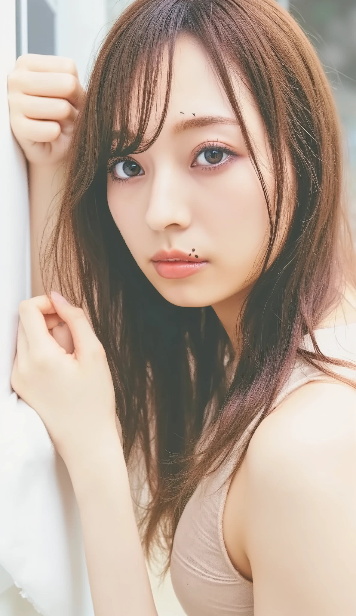 (( 1 GIRL)), woman, Masterpiece, top quality, top quality, Cinematic Lighting, (Volumetric Lighting), extremely detailed CG unity 8k wallpaper, Concentrated, 8k wallpaper, extremely detailed, super real, photorealistic, sharp concentration, is ridiculous, ( Hi-Res:1.2), ( high contrast), photos, detailed and complicated, Instagram , portrait, very detailed, Digital Painting , Art Station, Concept Art, smooth, sharp concentration, illustrations, Cinematic Lighting, ( big breasts:1.3), ((( skinny, thin legs))), ( Wearing the posture of a Japanese idol ), ( knit strap tank top , miniskirt, open shoulders, open, Chest), staring at viewers , ((Indian Pose)), (( medium body shot , Hip Level Shots )), long hair, (( leaning against a wall)), beautiful eyes.