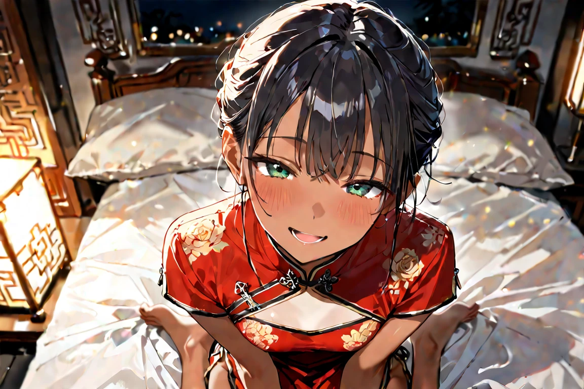 NSFW,Aarinko、short hair、Black Hair、Bobcut,Small breasts,(Red Chinese dress:1.5),Sleeveless,(China:1.3),Embarrassed,blush,(Being sexually aroused:1.5),(Perfect hands),(Perfect Anatomy),(masterpiece),(highest quality),One man,(Doing sex:1.5),(Ecstasy face:1.7),(A sloppy look:1.5),(orgasm:1.3),Lift your butt,Looking back