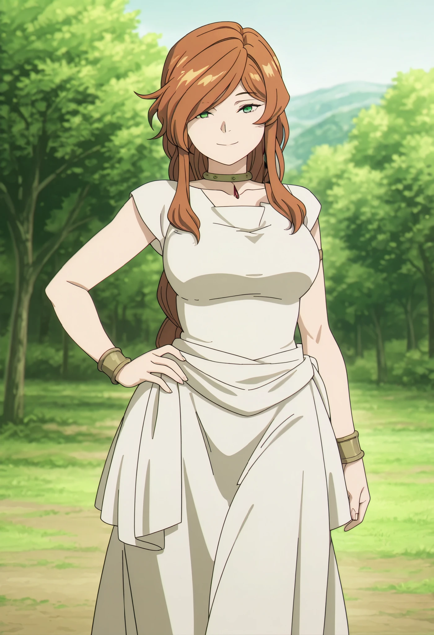 1girl,solo,Flamme,mature female,long hair,brown hair,green eyes,anime coloring,
white dress,cowboy shot, hand on own hip, wide hips, looking at viewer, outdoors, smile,
,masterpiece,best quality,amazing quality, reaching at viewer