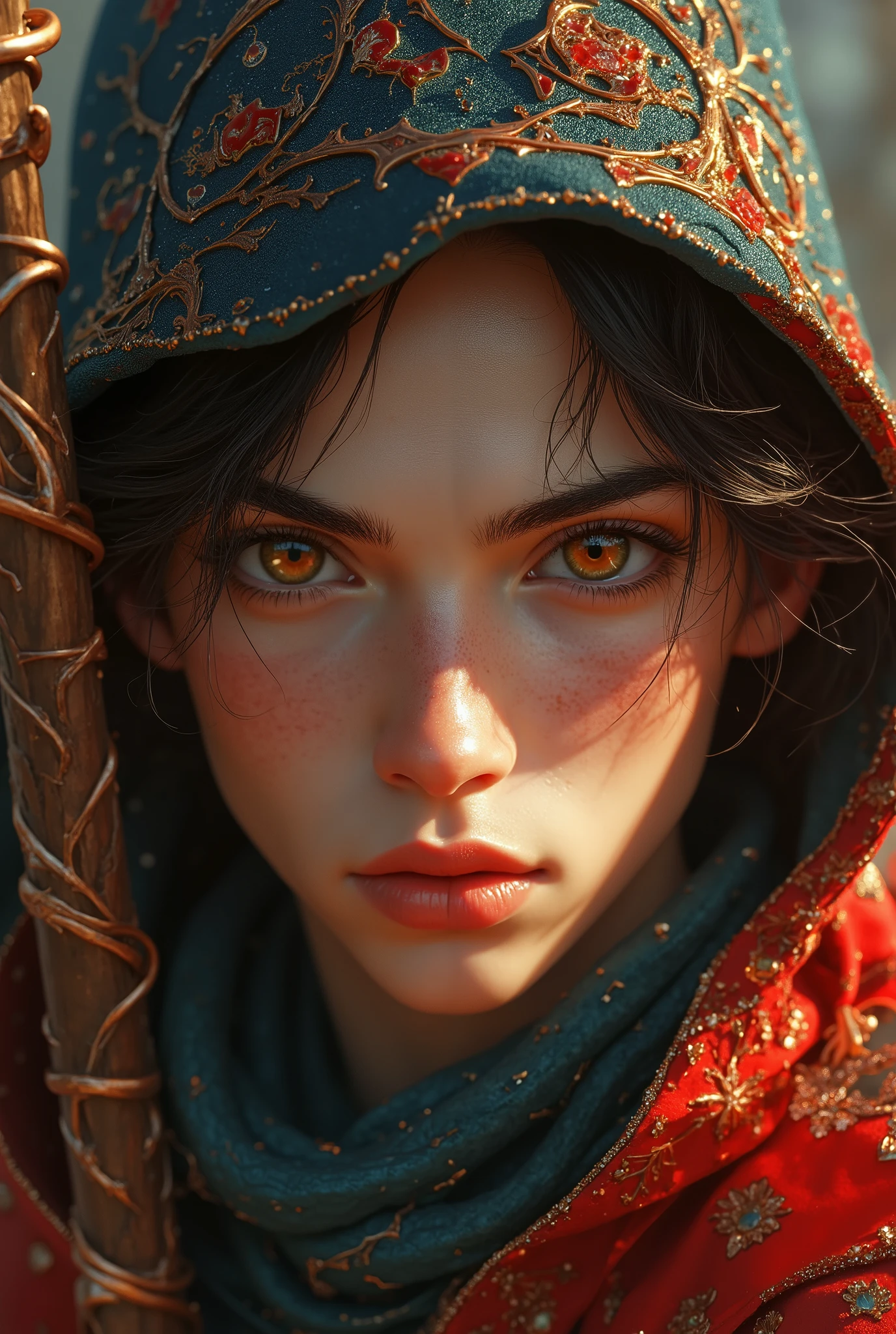 (photorealism:1.2), photorealism:1.2), ((photorealism:1.2),20 years old handsome man hot sexy young cute handsome male wizard, DETAILED, . full body imej. skinny hunk. A young beautiful handsome man wizard with pale skin,. full body shot, long shot, the feet. ticks a mustache. men model face, with wise aura His eyes are deep and mesmerizing, a rich, liquid amber with flecks of fiery red and golden hues that shimmer under the golden light. They are almond-shaped and framed by thick, dark lashes, holding a hypnotic intensity that seems to pierce through to the soul. His gaze conveys both a quiet confidence and an irresistible sense of longing, drawing viewers into a world of mystery and desire. His face shape is a masterpiece of symmetry, with a strong, angular jawline that exudes masculinity, softened by high cheekbones that catch the warm light. His chin is subtly cleft, adding an extra layer of refined character. His hair is styled in a modern, tousled cut, with medium-length strands that fall naturally in soft, wavy layers. The style frames his face perfectly, with a slightly undone look that evokes effortless elegance. His hair is a deep, raven black, with subtle hints of crimson highlights that shimmer like the petals of poppies under sunlight. The tousled texture adds volume and movement, emphasizing his dynamic, dreamlike presence. His skin texture and tone are flawless, with a pale, porcelain-like complexion that radiates a soft luminescence. His skin is smooth and luminous, with lifelike details such as faint freckles across his high cheekbones and a natural flush of warmth. The slight sheen of golden light enhances his ethereal beauty, creating a glowing, almost surreal effect. wearing red poppies color wizard robe. teal color turttleneck inside robe. pointy hat color red poppies holding a gleaming wood staff. The staff is adorned with rain drop arcane symbols and emanates an aura of power. The Magician is in the midst of a magical ritual, conjuring an area
