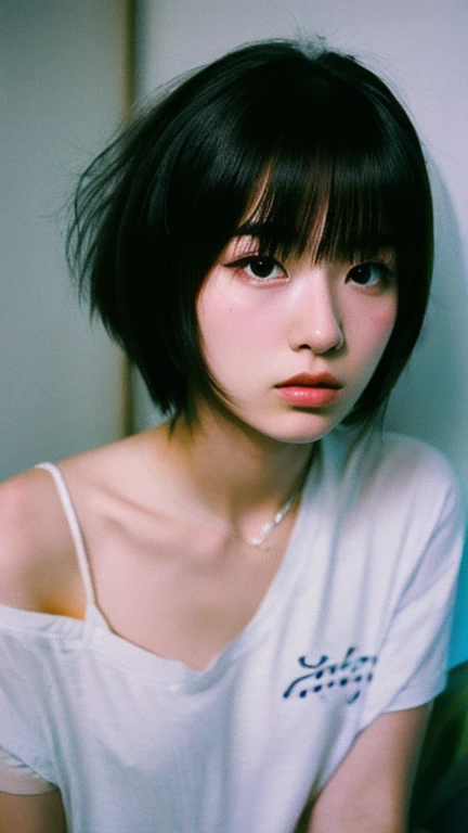Edit Photos,Highly detailed background,Ultra-realistic,Double exposure,Depth of written boundary,beauty super slender スキニー Korean vibes,Soft focus black tone,Story Scene,Skinny jeans,White T-shirt、Super short straight dark black hairstyle,Knee portrait photo,Pale purple eyes,iris,pupil,Scandinavian-style wallpaper for a stylish room,Wabi-sabi,Latex Catsuit,Mole,Open your lips,From behind,