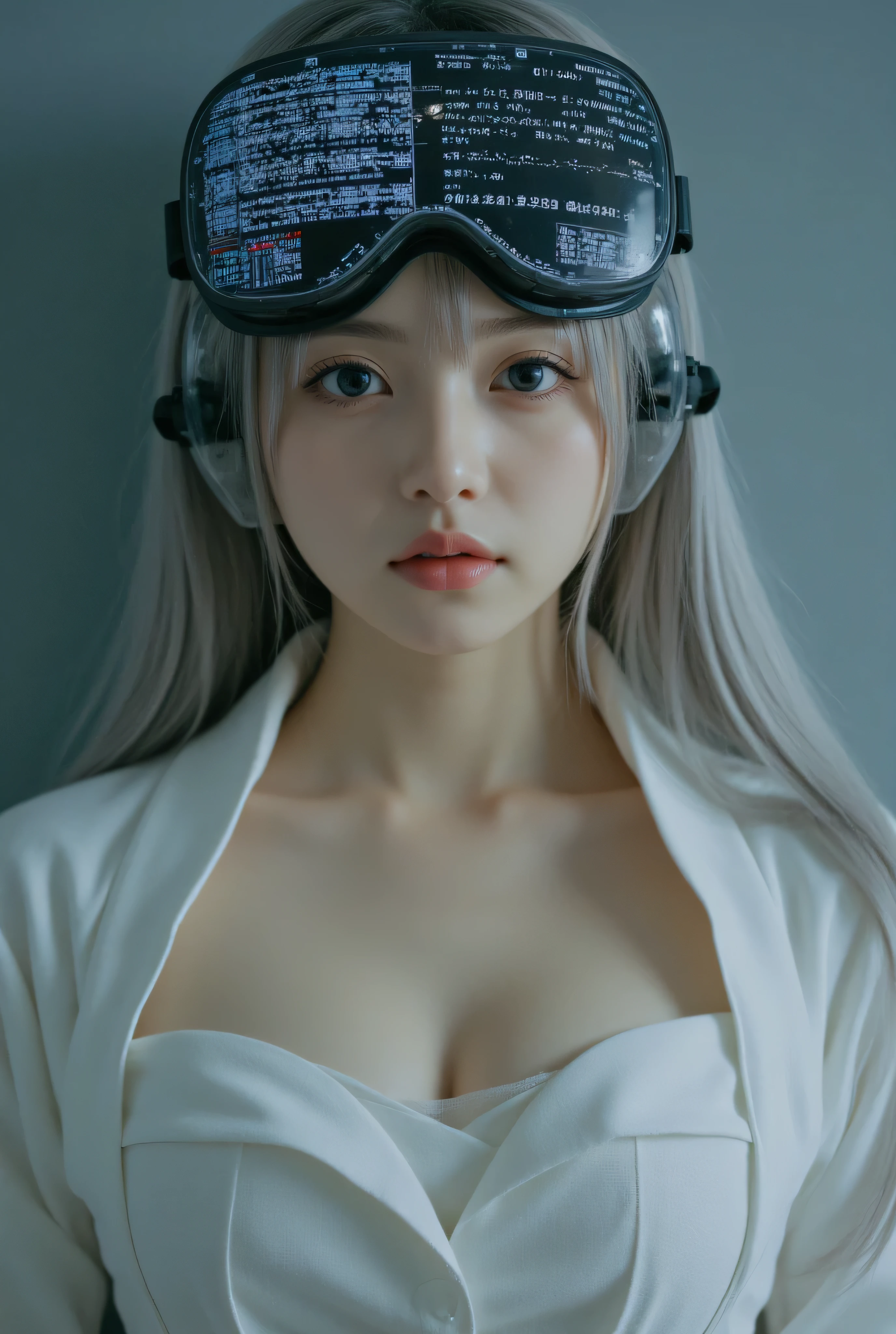 (Masterpiece:1.2, excellent quality, Mirror Finish ,Movie experience),8k, wallpaper, ray tracing,(woman), nude, トップレスのwoman、-faced Japanese , medium sized young and beautiful bust , Can you see hard, pointed, and upturned nipples, wear traditional Japanese kimonos without feeling uncomfortable with completely naked skin, Off-shoulder kimono with open front , data displayed on goggles without any sense of incongruity on the face, Japanese with detailed display of goggles , detailed face, beautiful skin, Beautiful silver hair, Server crash , lots of data written on the skin , The background is a wall of data, glossy lips, Pictures of fully naked upper body,
