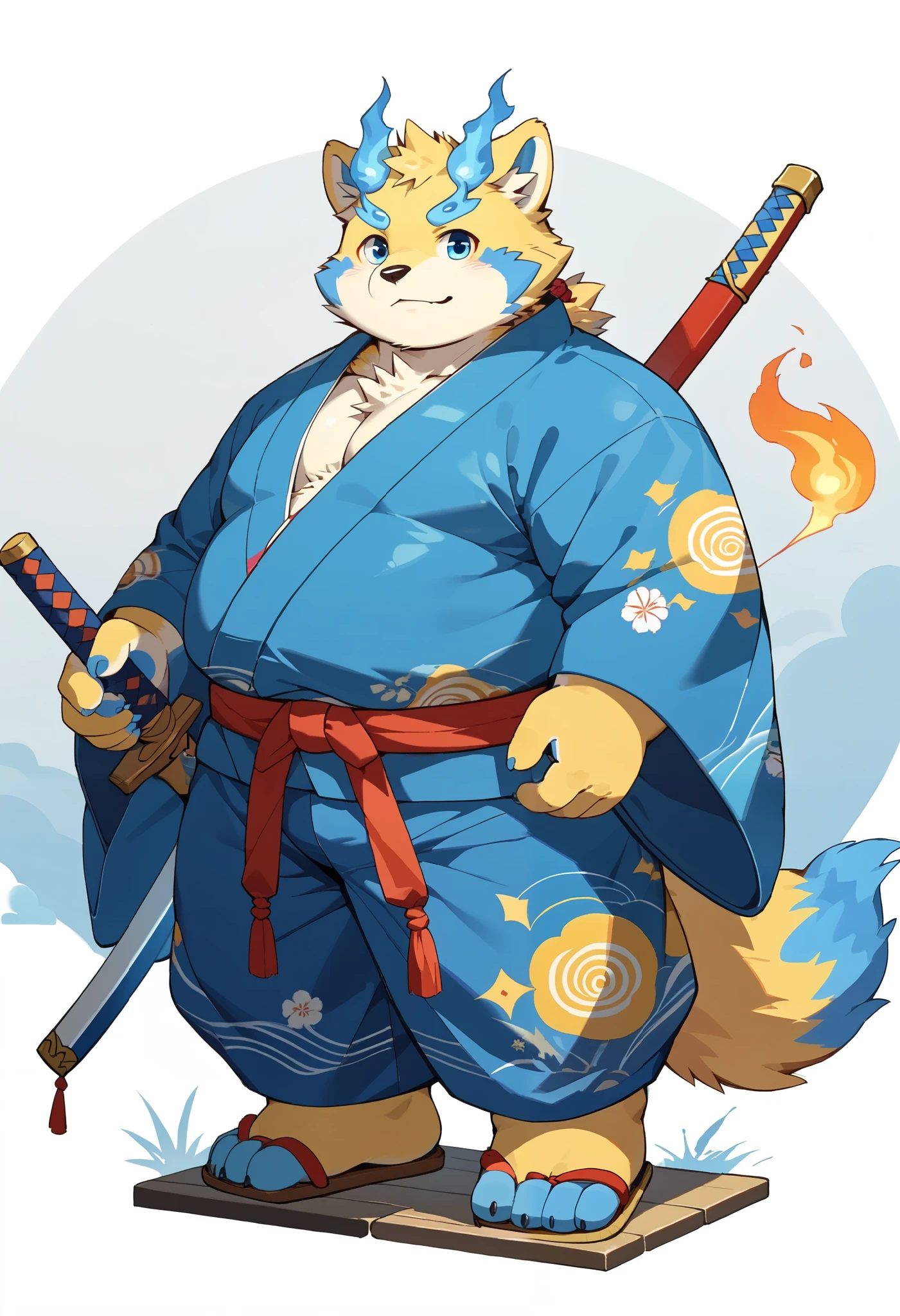 score_9,solo,furry,botailang,overweight , ,male,blue hand,blue foot,tail,overweight, full body, white background, Exquisite eyes,stand,Japanese sword,Japanese sword,kimono,straw sandals,yellow fur,bluefire