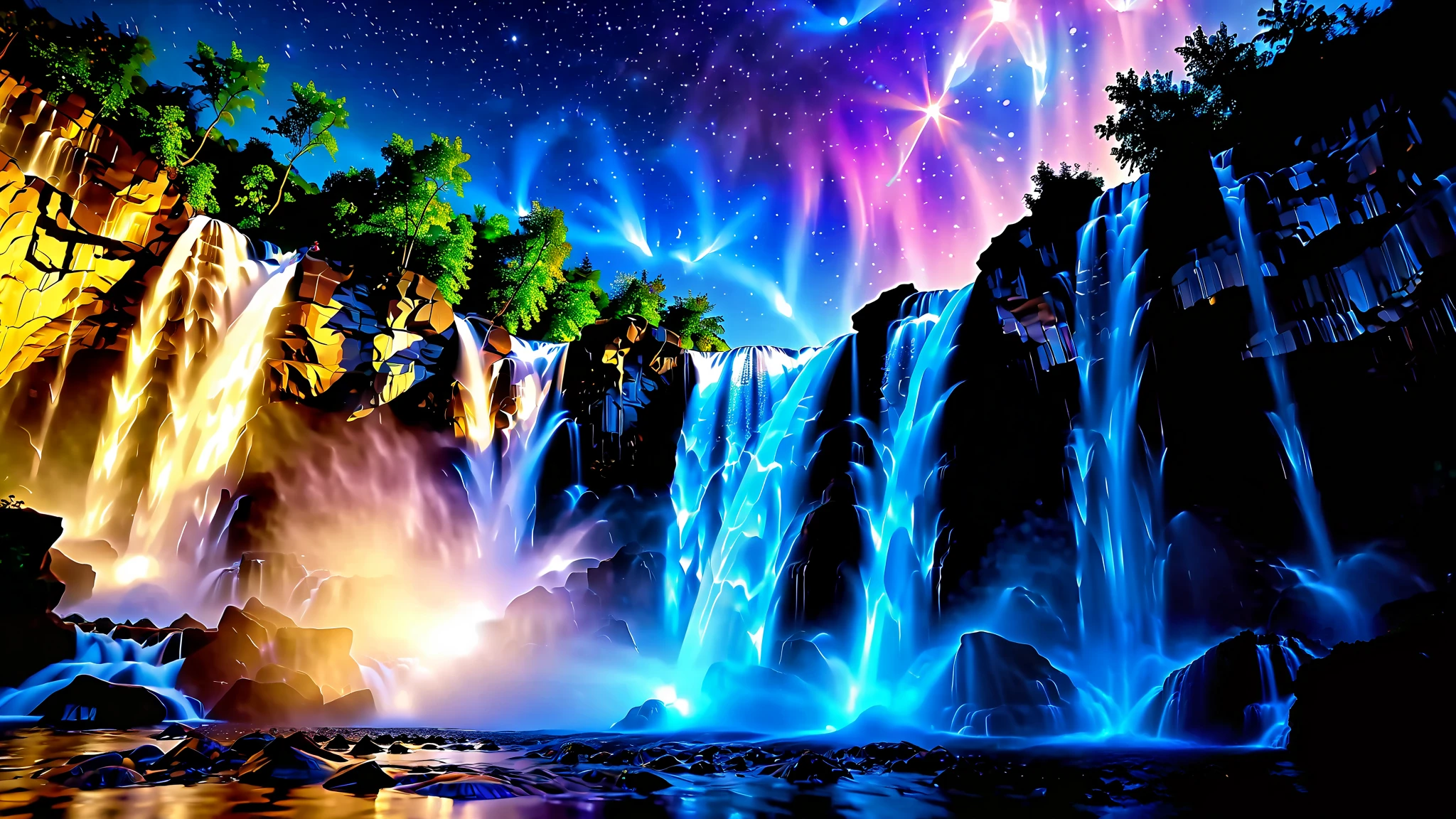 32K Resolution Masterpiece , top quality , super detailed, Realistic expression,Extremely high resolution 32K wallpaper , shot with a fisheye lens ,Many layers of waterfall flow , Scales like Niagara Falls, spectacular scale ,A very high waterfall that shines,A bird's-eye view, super detailedな特徴, Awe-inspiring Details . Spectacular Waterfall Falling Directly from the Starry Sky , Falling on Metal , Shining Cliff Surface . Water Shines in Blue and Purple , Holographic Streams Intertwine . Bioluminescent flowers and trees at the bottom of the valley々Covered in, Its Leaves Reflect the Light of Water . Floating Spheres of Light Wrapping the Scene , Mysterious Addition , have an otherworldly atmosphere ., countless stars in the background 々and galaxy clusters ,Mysterious charm, mysterious atmosphere,A fantastic atmosphere with splashes of water ,