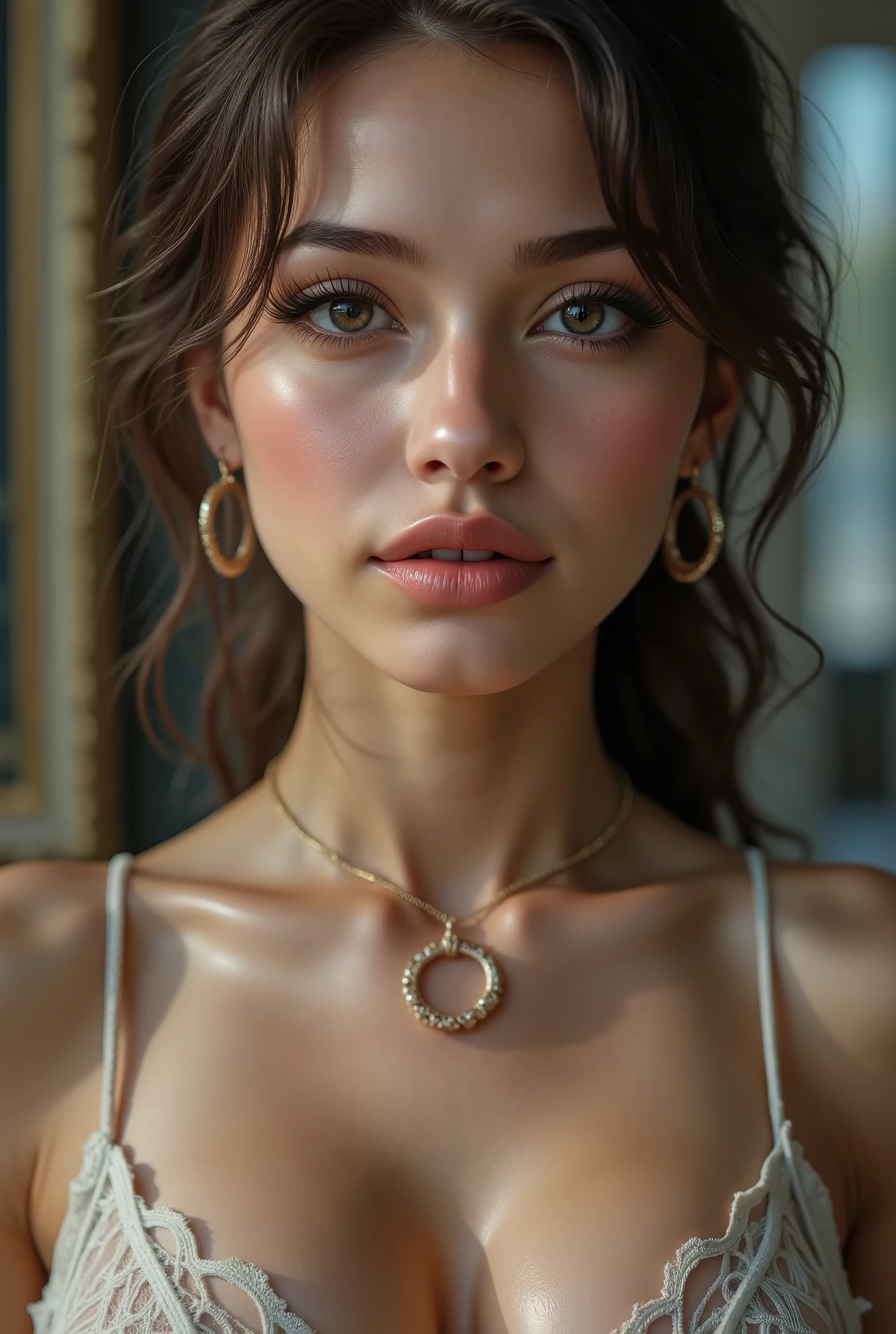 (Photorealistic realism 16K quality), ((ultra insanel quality, professional digital art)), ((focus on extremely Realistic Proportion Body, Anatomically Correct:1.2)), Beautiful Girl, ultra details, UHD, (photorealistic Realism 16K Quality), ultra-detailed, UHD, (ultra absurd quality, extremely detailed detail, hyper resolution, clear sharp focus, not blurry, Realistic black_eyes:1.35), (perfect dark_eyeshadows),(close-up of here face:1.13),Depth of field, cinematic light, Lens flare, dslr, best high quality soft lighting, sharp focus captured by Fujifilm XT3, f 5.6, in a dramatic lighting, ((view the viewer:1.3)), (extremely beautiful face, beautiful lips, beautiful eyes), intricate detail face, ((ultra detailed skin)), 1girl, Very stretchy, (loose pants: 1.4), (without bikini, white, (translucent), airy pants), (Top with a deep neckline), connected with ((centrally o-ring: 1.25)), (Glamour, paparazzi taking pictures of her), ((High Contrast)), long legs, medium ass, ((layer cut: 1.3)), ((no_Panties)), ((Whitens skin, slim face)), slim belly: 1.2, (well-muscled body:1.3), The attention to detail, Double eyelids, (Erotic:1.3), satisfaction smile, gorgeous appearance, electrifying appearance, ((Dynamic pose: 1.4)), (((sharp focus))), ((very intricately details design of fantasy outfit:1.35)),