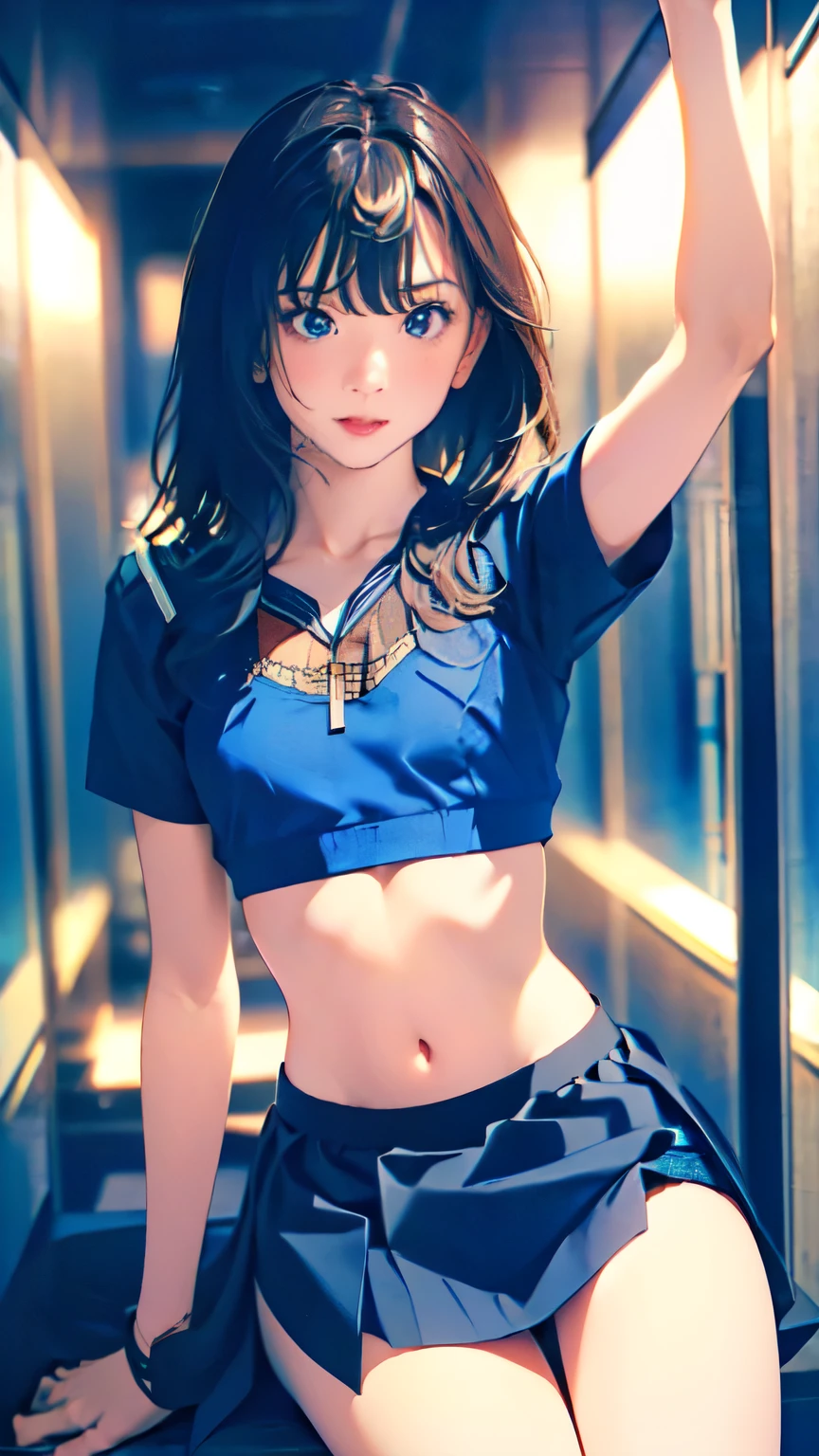 locker room,Women Who Like Pretty ,Wacoal, ((wearing blue bra)), ( skirt by humili:1.6),8k, top quality, Masterpiece, ultra high resolution, ( realism: 1.4), original photo of , ( realistic skin texture: 1.3), ( Film Grain: 1.3), ( selfie angle ), in the seat, top quality, close, Tiny Breasts ,(flat chest:1.3), lace fabric underwear