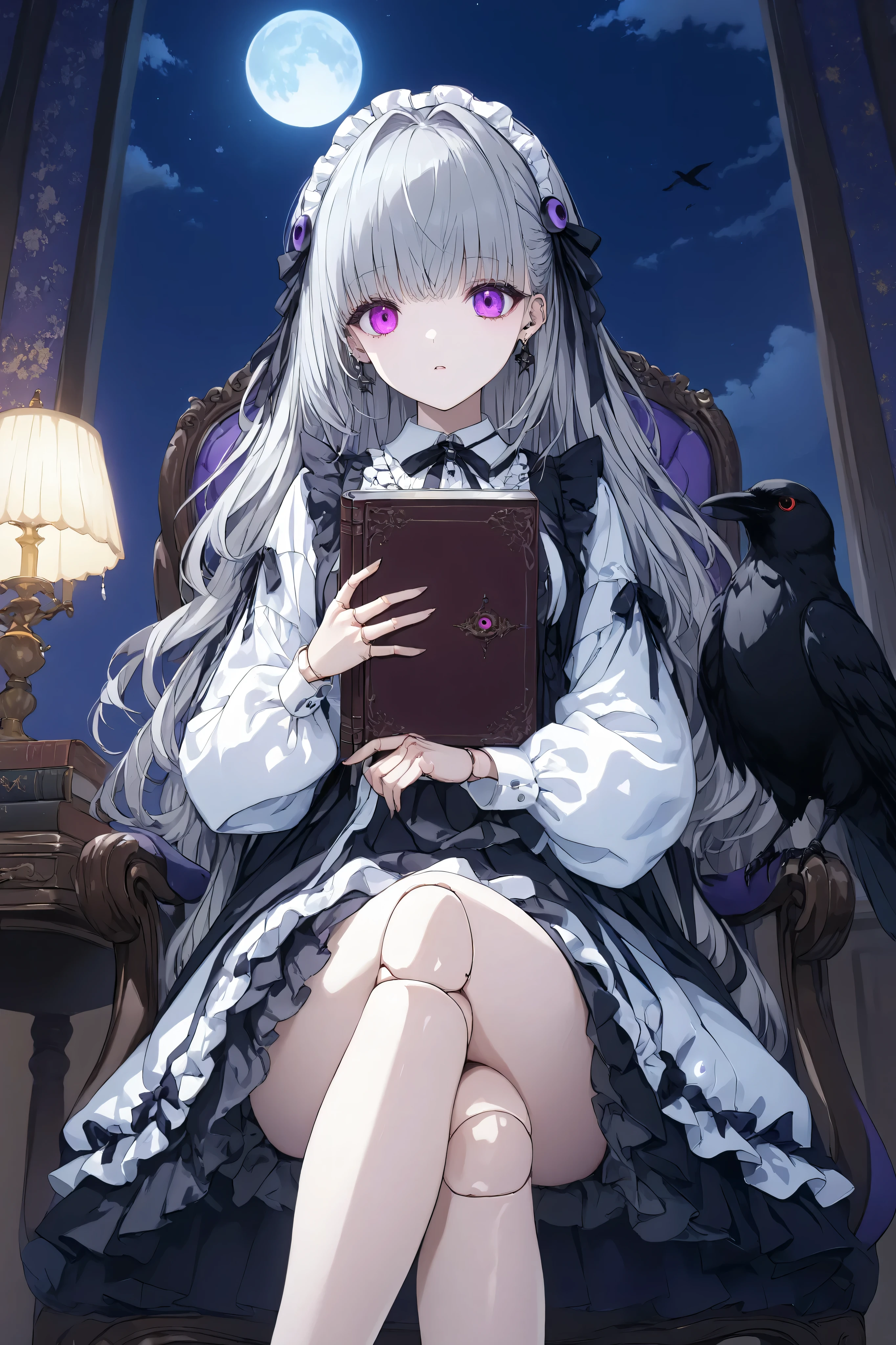 ultra-detailed, huge filesize, artbook, night, moon, adorable girl, grey hair , purple eyes, crazy eyes, medium breasts, shirt, loafers, holding book, dark persona, eyeball, heterochromia , long hair, Robe, ta fashion, indoor, crossed legs, chair, sky, stars, masterpiece, illustration, wallpaper, realistic, photo, real, one crow,((Doll finger joints)),((((Doll Joints )))),((Smooth fingertips))