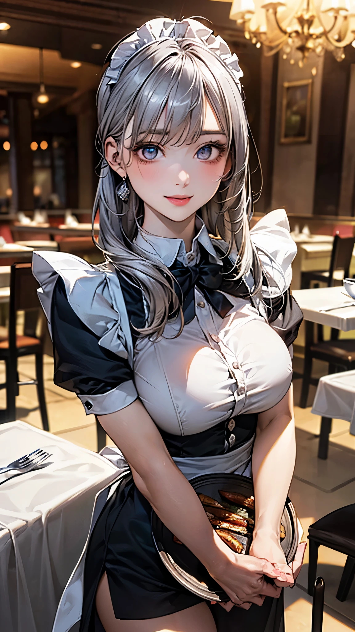 (masterpiece:1.2, top-quality), (realistic, photorealistic:1.4), beautiful illustration, (natural side lighting, movie lighting), ,
(looking at viewer), 1 girl, japanese, high school girl, perfect face, cute and symmetrical face, shiny skin, ,
(middle hair:1.5, straight hair:1.2, silver hair), single braid, hair between eyes, blue eyes, drooping eyes, long eye lasher, (large breasts:0.6),
beautiful hair, beautiful face, beautiful detailed eyes, beautiful clavicle, beautiful body, beautiful chest, beautiful thighs, beautiful legs,
((victorian maid)),
(beautiful scenery), evening, kitchen room, standing, (lovely smile, upper eyes),