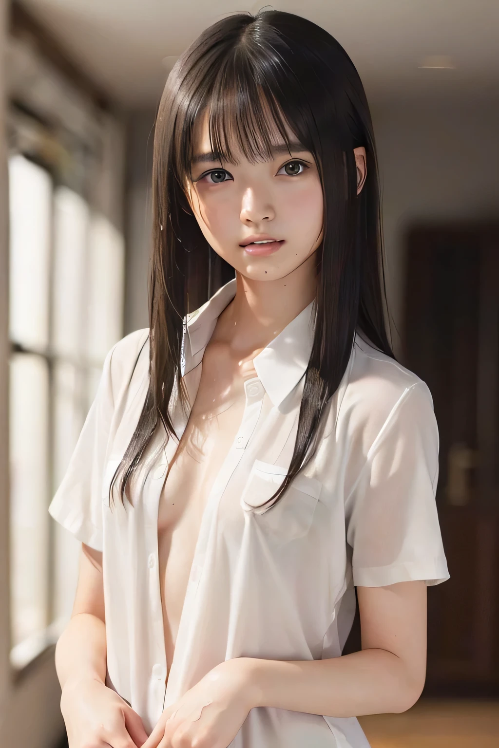 (8k, RAW photo, photorealistic:1.25), (looking at viewer, wet messy hair, disheveled wet Hair, wet short hair:1.8), (lip gloss, eyelashes, Shiny surface, Glossy Skin, best quality, ultra highres, allows depth of field, Color Difference , caustics, blow lighting , Natural Shading, kpop idol), (cleavage, flat chest, covered nipples, naked white shirt, nude, short sleeve shirt, Unbuttoned shirt:1.7), crying, tears, tearing, sadness, (dark background, indoor, A girl cleaning the floor with a rag, dark small bedroom, night view:1.4)