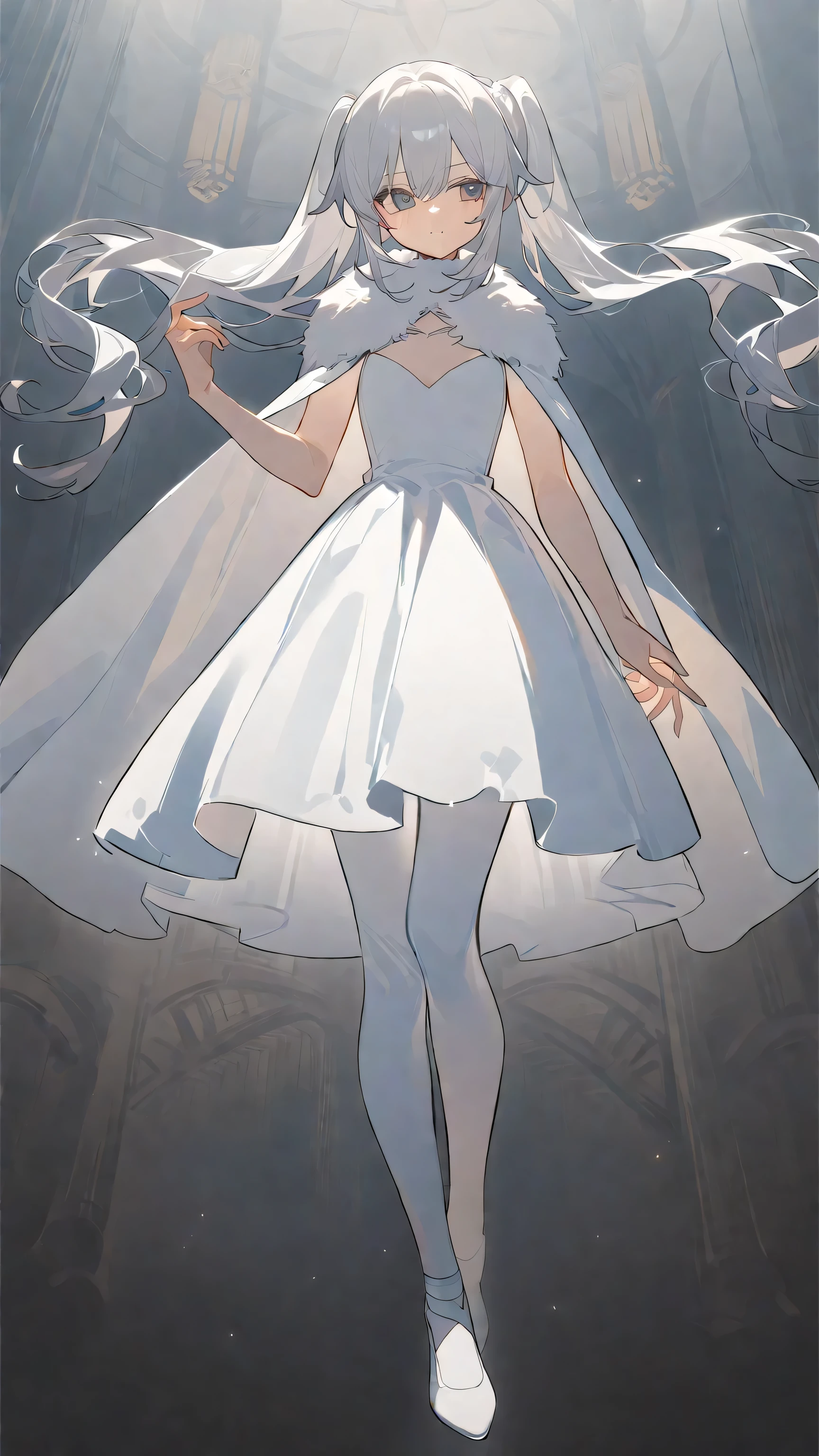A girl with a white low pair of ponytails ,The white dress is wearing a white fur collar and a short white cape, wears white high-heeled shoes, white dress